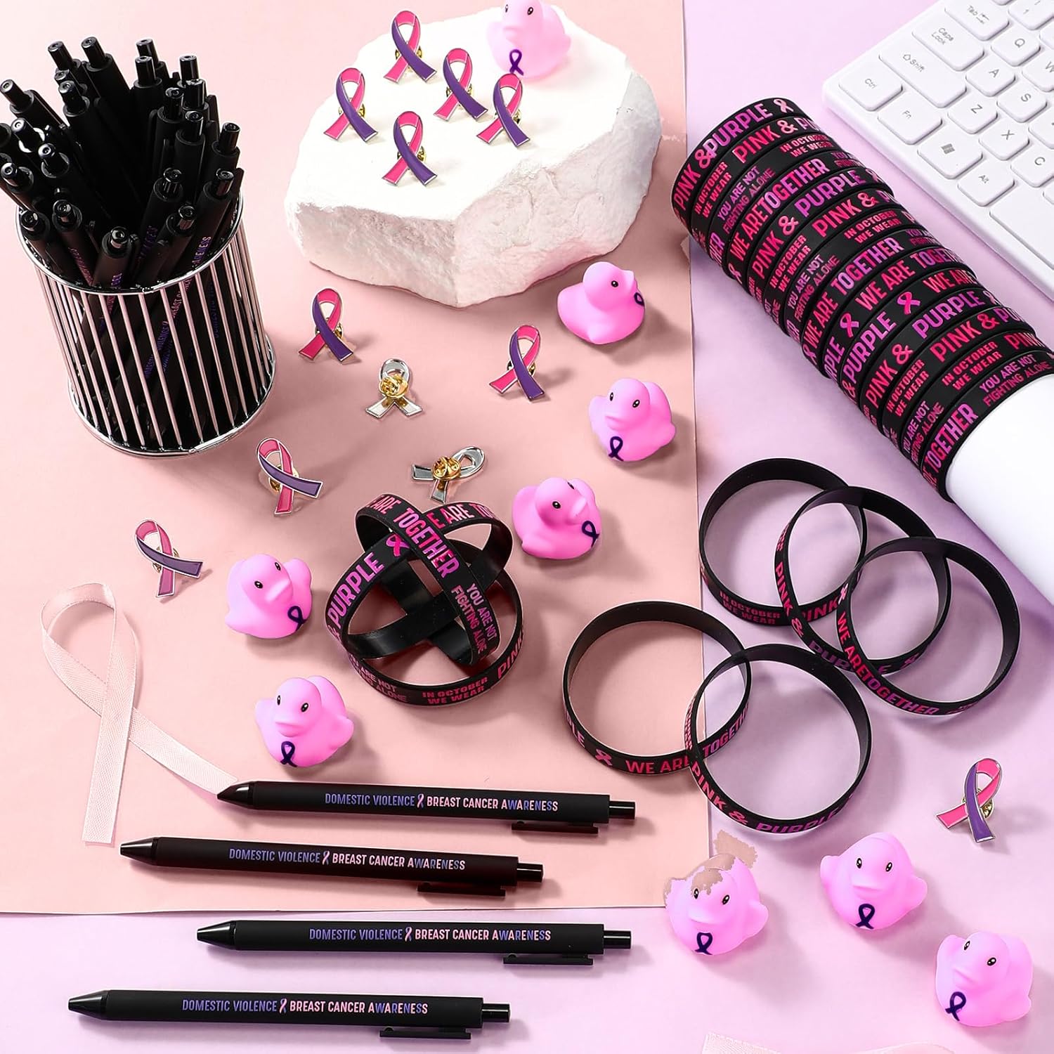245 Pcs Breast Cancer Domestic Violence Awareness Accessories Pink Purple Ribbon Pins Rubber Bracelets Ballpoint Pens Rubber Ducks for Women Cancer Awareness Month Party Event Supplies