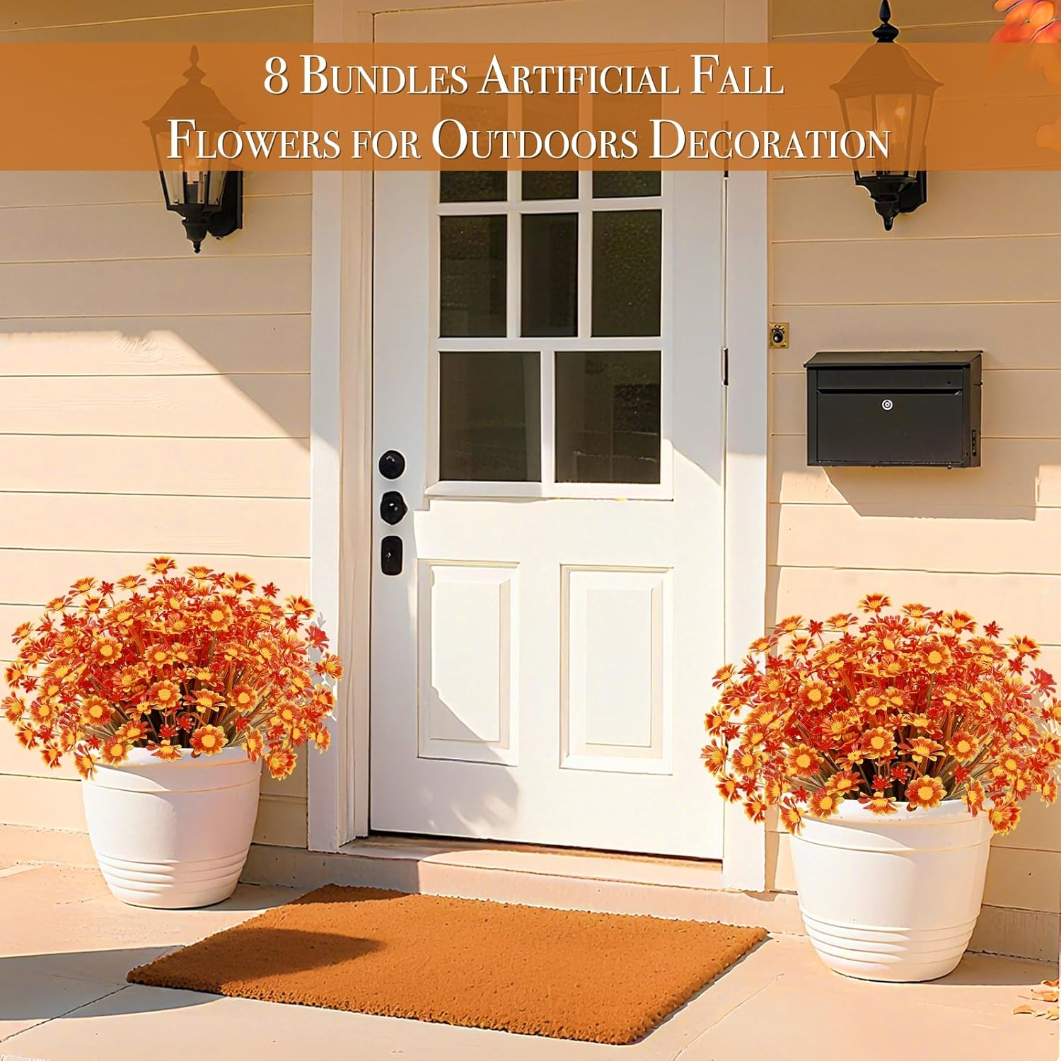 8 Bundles Artificial Daisy Flowers for Outdoors Spring Decor, UV Resistant Faux Cemetery Flowers Plastic Greenery Shrub Fake Flowers Plants Home Gardens Porch Planter Indoor Summer Fall Decor(Orange) - Image 6