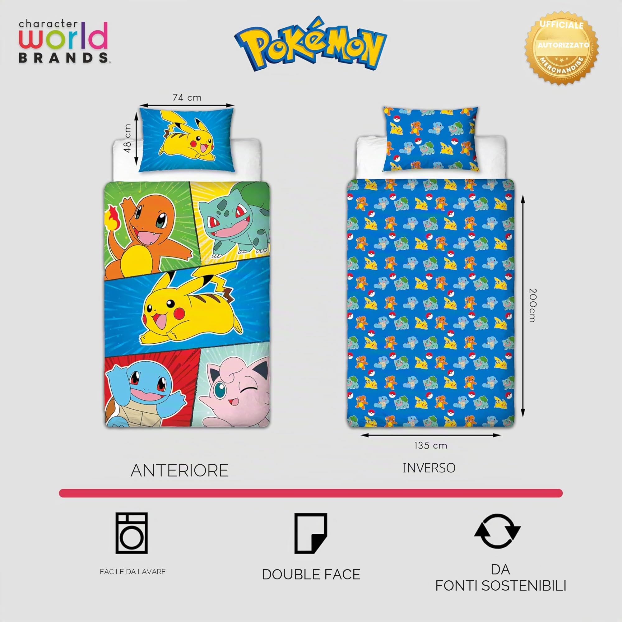 Set copripiumino singolo con licenza ufficiale Pokemon, design retrò, double-face, con personaggi Pikachu su 2 lati, con federa coordinata, perfetto per la camera dei bambini, in policotone