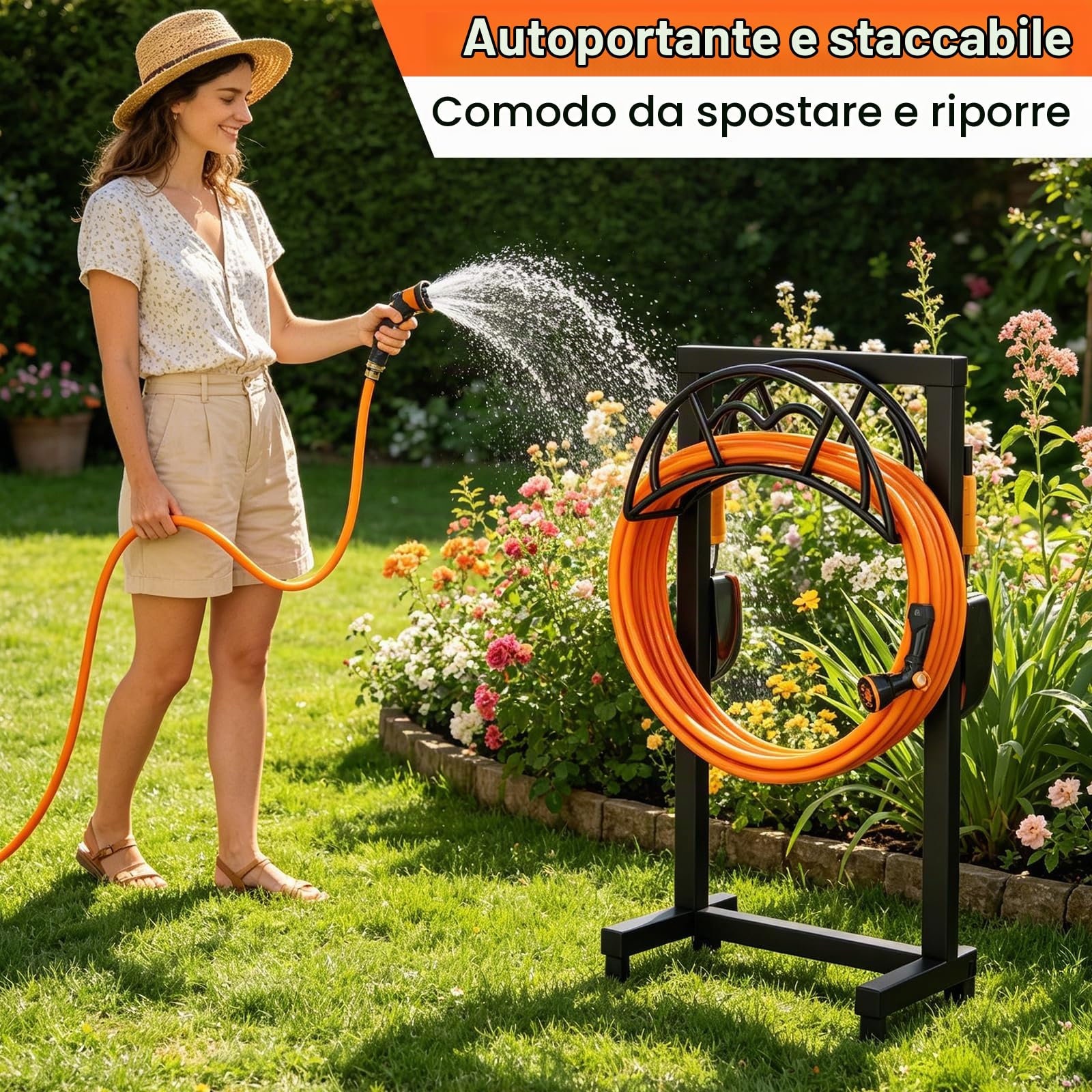 VyGrow Supporto per tubo da giardino, autoportante, resistente, supporto per tubo dell'acqua per esterni, supporto per tubo in metallo con 4 punte, porta avvolgitubo rimovibile per tubo da giardino