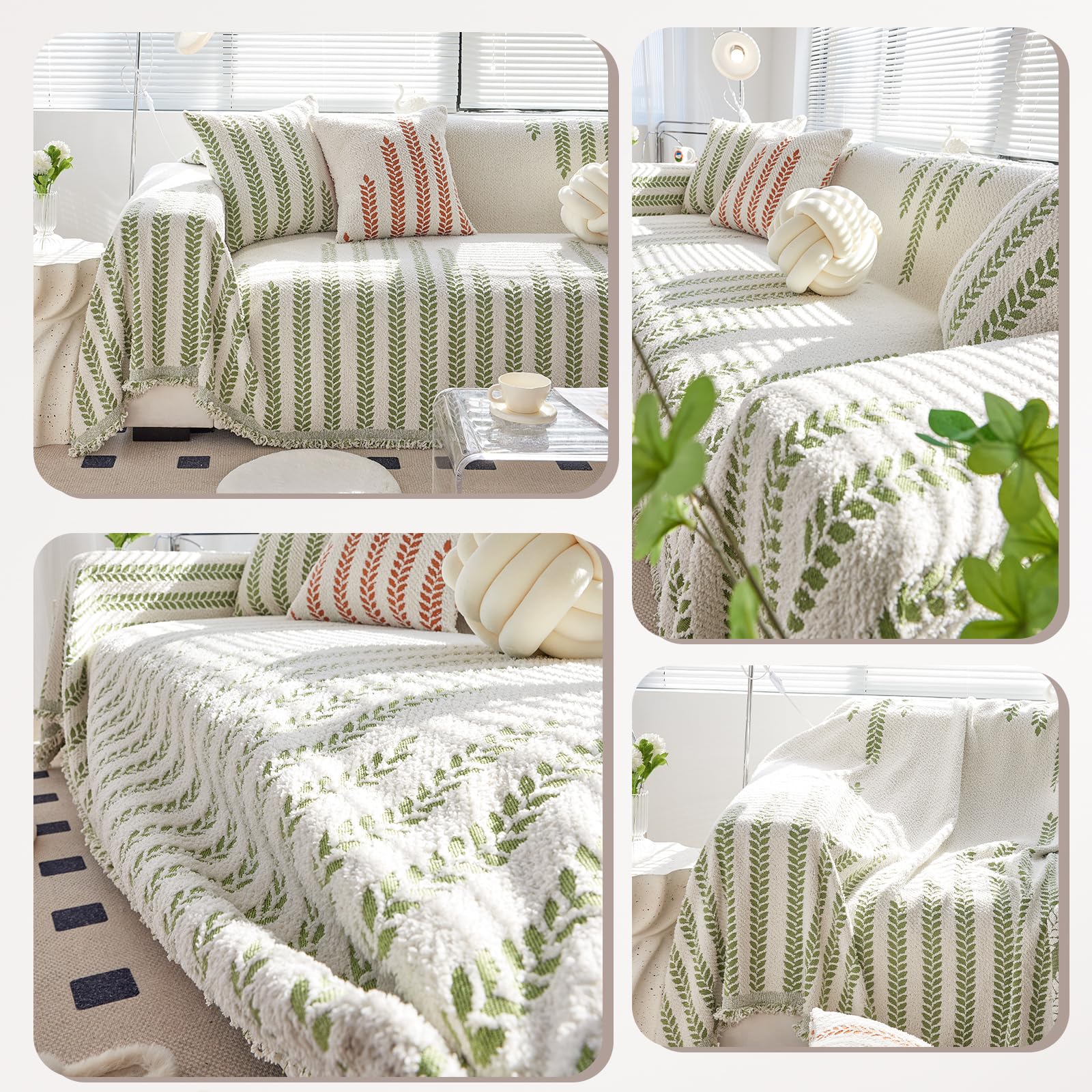 Multifonctionnel Plaid Canape Jeté de Canapé Grande Taille,Housse de Canapé, Couverture de Canapé à Motif Botanique, Couverture Canapé Automne/Hiver 180 * 300cm-Vert