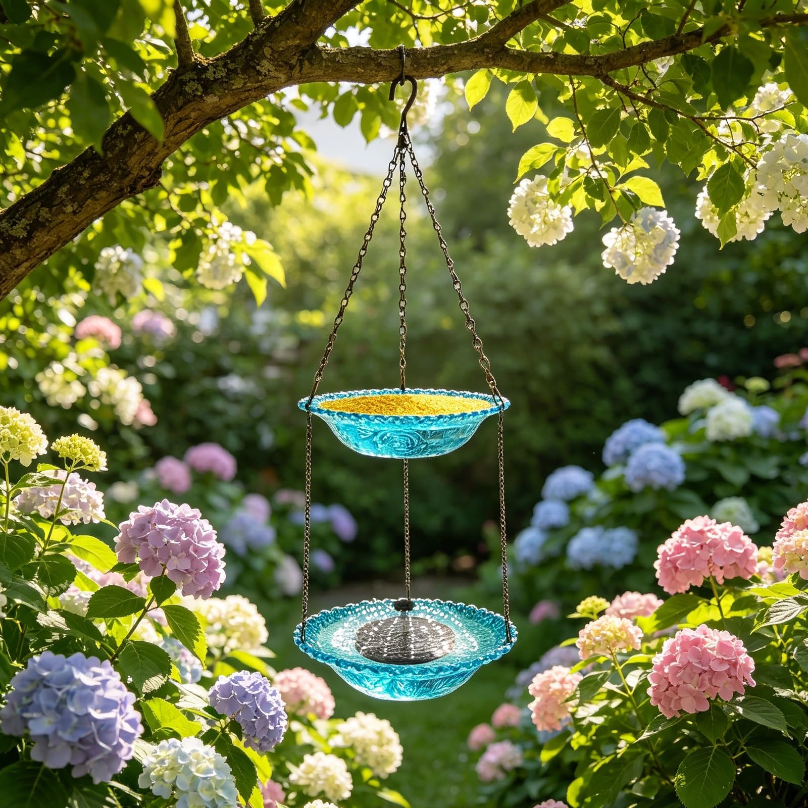 Solarbetriebener Zweilagiger Kolibri-Futterspender, Vogeltränke mit Kunststoffschale, 5 Sprühmodi, Vogelbad für Garten, Terrasse und Balkon(Blue)