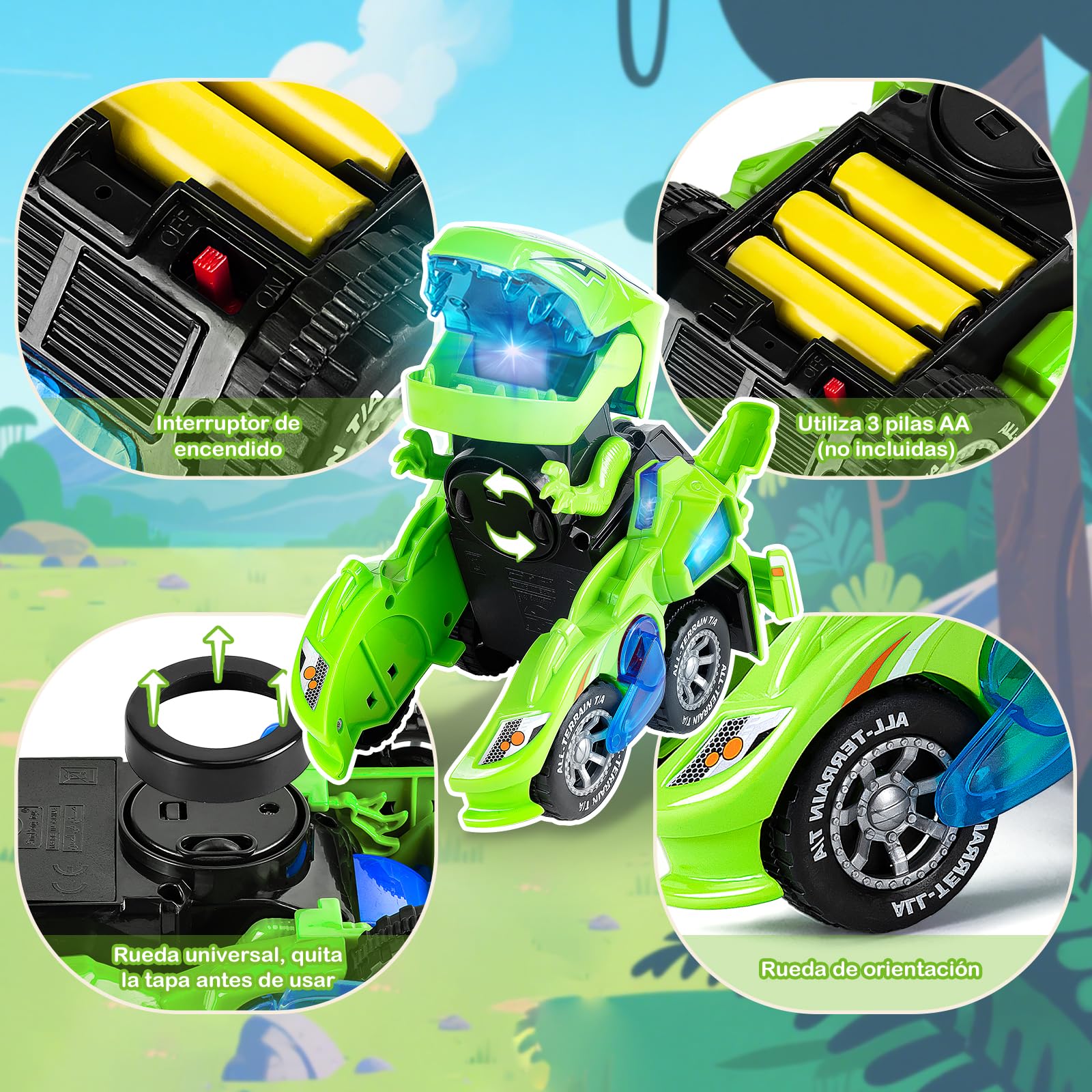 Yellcetoy Coche Dinosaurios Transform Juguetes, Dino Car con Música y Luz, Transformador Dinosaurio Regalos de Cumpleaños de Navidad para Niños 3 4 5 6 7 Años Verde