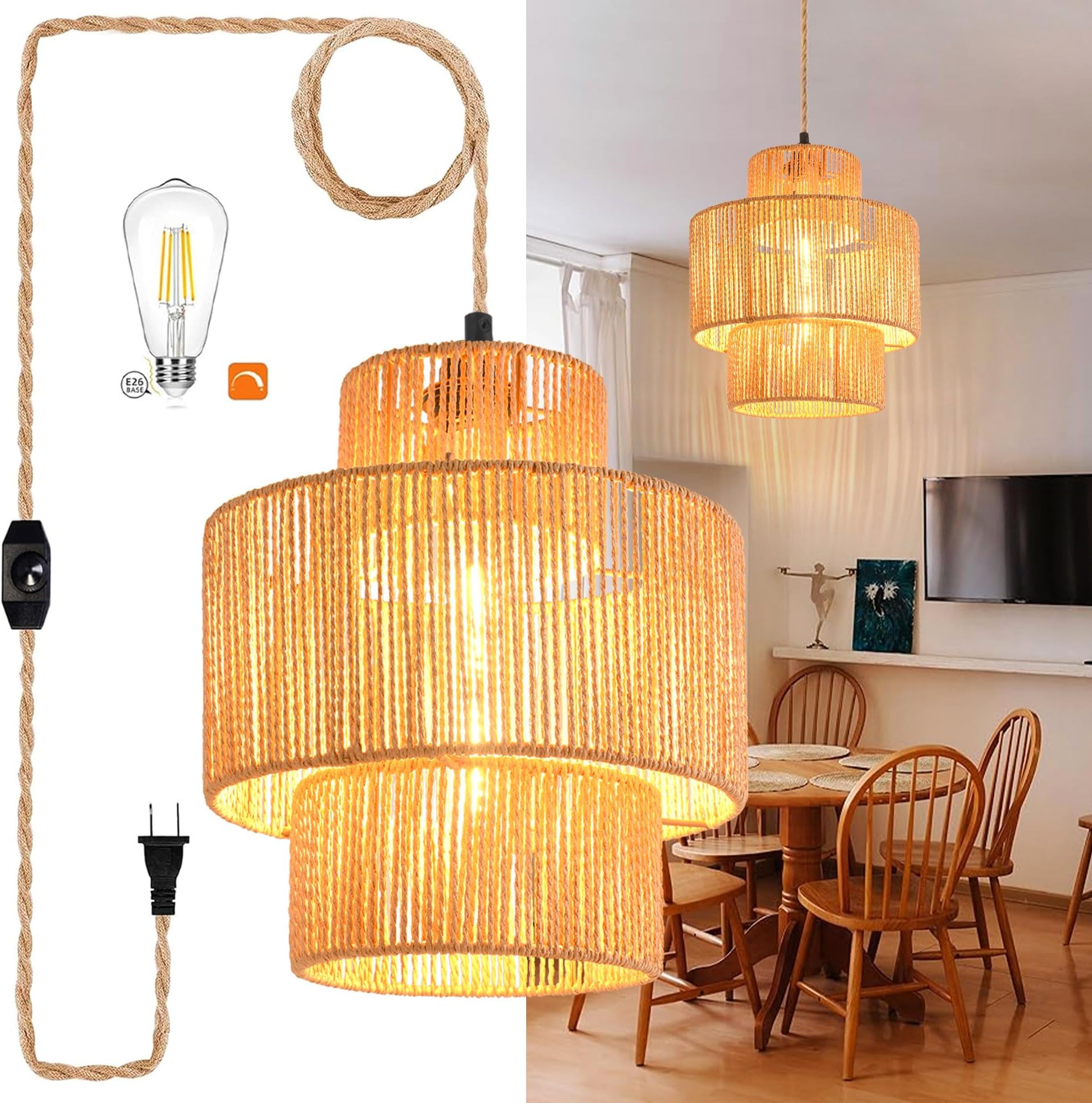 AHDWDW Rattan Hanging Lamp Plug in Pendant Light with15ft Hemp Rope ...