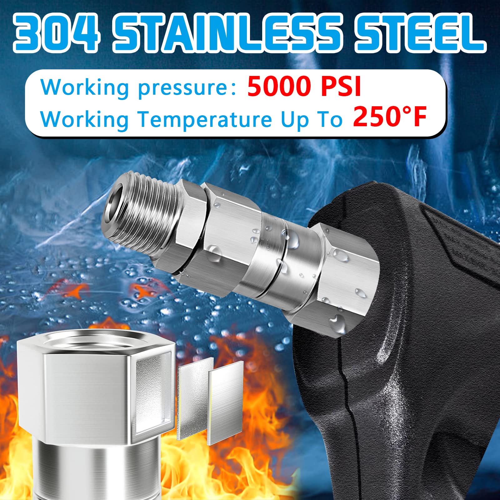 Boltigen Hidrolavadora giratoria, 3/8 NPT rosca arandela de presión de acero inoxidable accesorios de junta giratoria, 360 ° de conector libre de torceduras, 5000 PSI