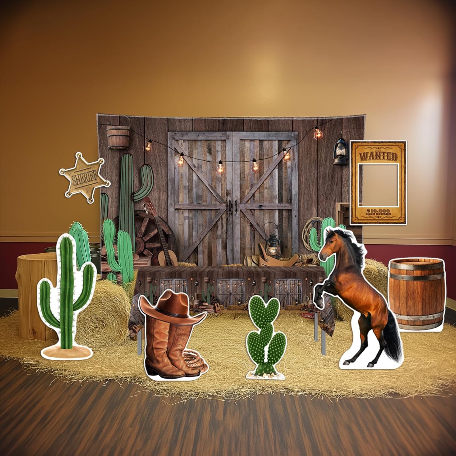 Allenjoy Western Cowboy Theme Birthday Party Supplies Decorations Backdrop for Boy 1st Rodeo Banner Photo Shoot Booth Props Photography Background,7pcs Foam Board Cutouts,1pc Tablecloth,1pc Backdrop