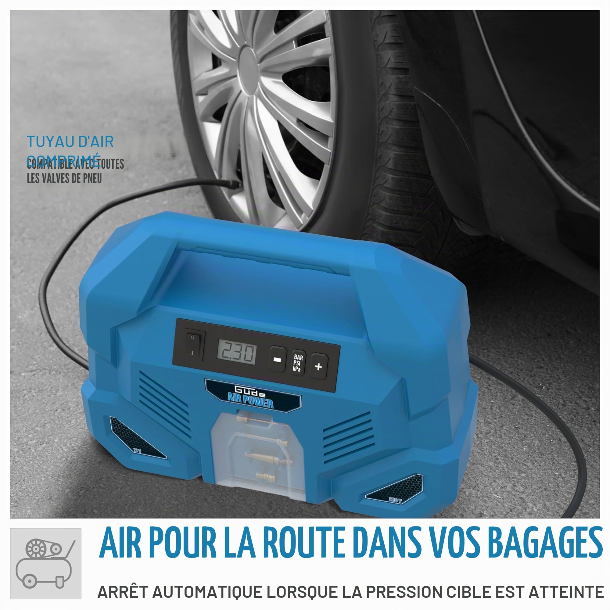 Güde Compresseur Airpower Dual Drive 12/230V/5 pièces: 150W, max 8bar, 20l/min, sans huile ni entretien, connexion 12V et 230V, écran LCD, tuyau d'air, bleu et noir