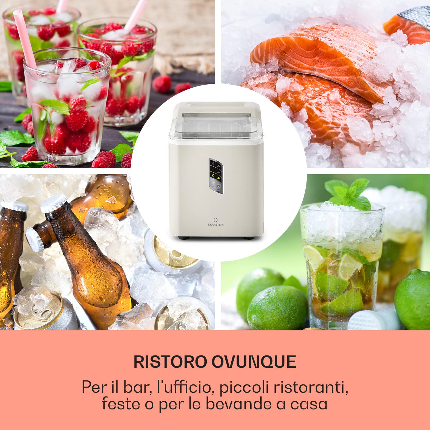 Klarstein Macchina del Ghiaccio Professionale 1.5L, Fabbricatore Ghiaccio Secco Fino a 12kg, Cubetti Grandi e Piccoli, Autopulente, Ice Maker per Casa