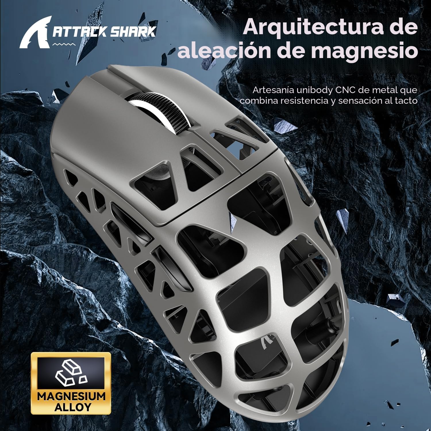 ATTACK SHARK Ratón R3 de Aleación de Magnesio, Inalámbrico 8K, Superligero 46g, Sensor PAW3395, BT/2.4G/Cable, DPI 26000, Para Juegos