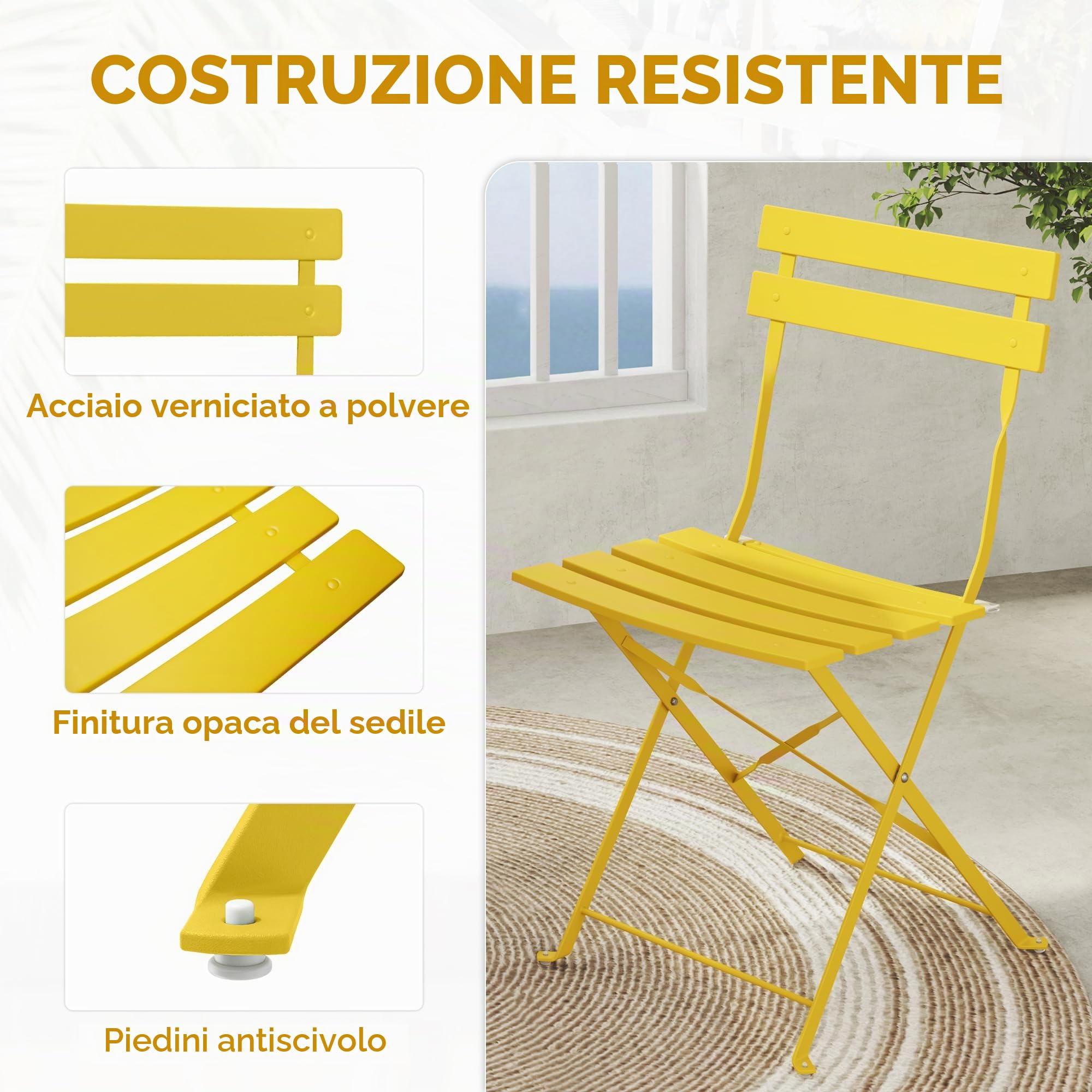 Grand patio Set Bistrot, 1 Tavolo e 2 Sedie, Ripiegabile, Set da Balcone, Struttura in Metallo, Vari Colori,salvaspazio, Set arredo Giardino per Balcone, Esterno (Giallo)
