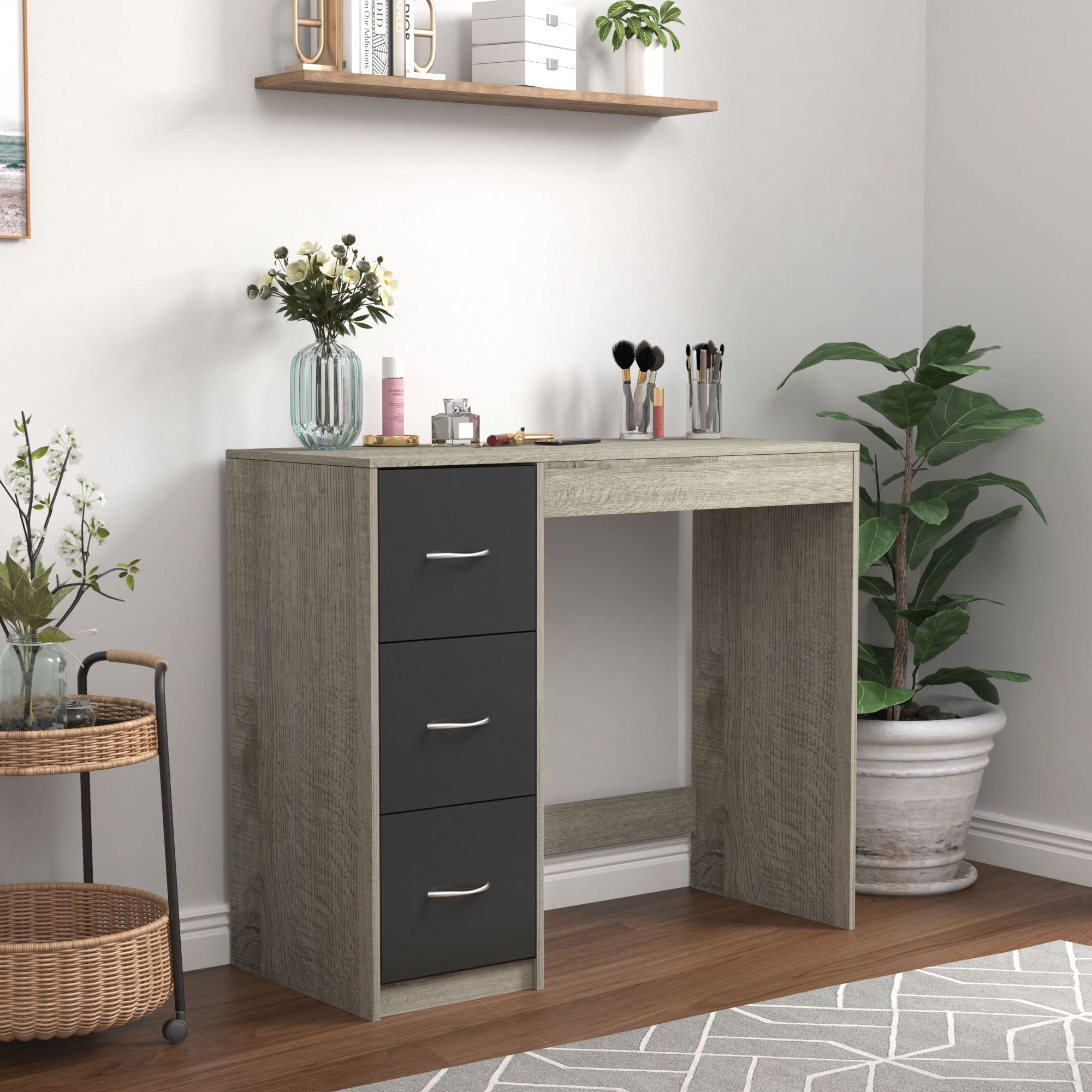 URBNLIVING 3 Drawer Wooden Bedroom Dressing Table (Ash Grey Carcass + Black Drawers)