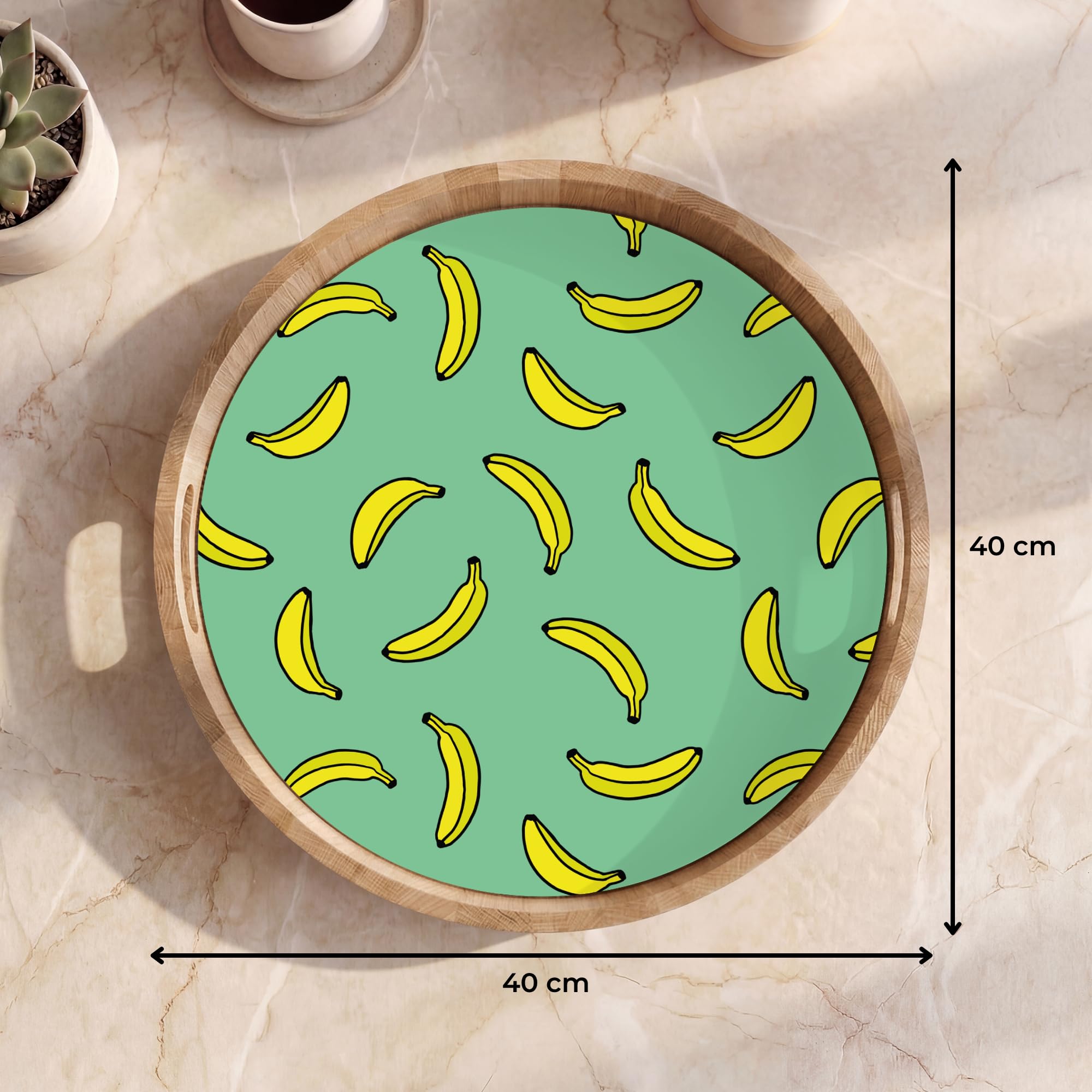 Bandeja Madera De Roble Redonda 40x40 cm Bandejas Desayuno para Servir Comida Cocina Resistente Al Calor Cafe Tray Tabuleiro Plátanos - Amarillo - Verde - Imprimir