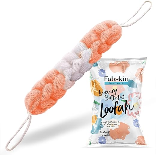 Fabskin Luxury Back Scrubber Loofah Belt for Bathing For Men and Women – Strechable 9 Knots Bath Sponge (PEACH)