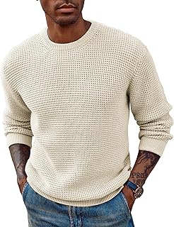 Mens Crewneck Pullover Sweater Waffle Textured Long Sleeve Knitted Sweaters