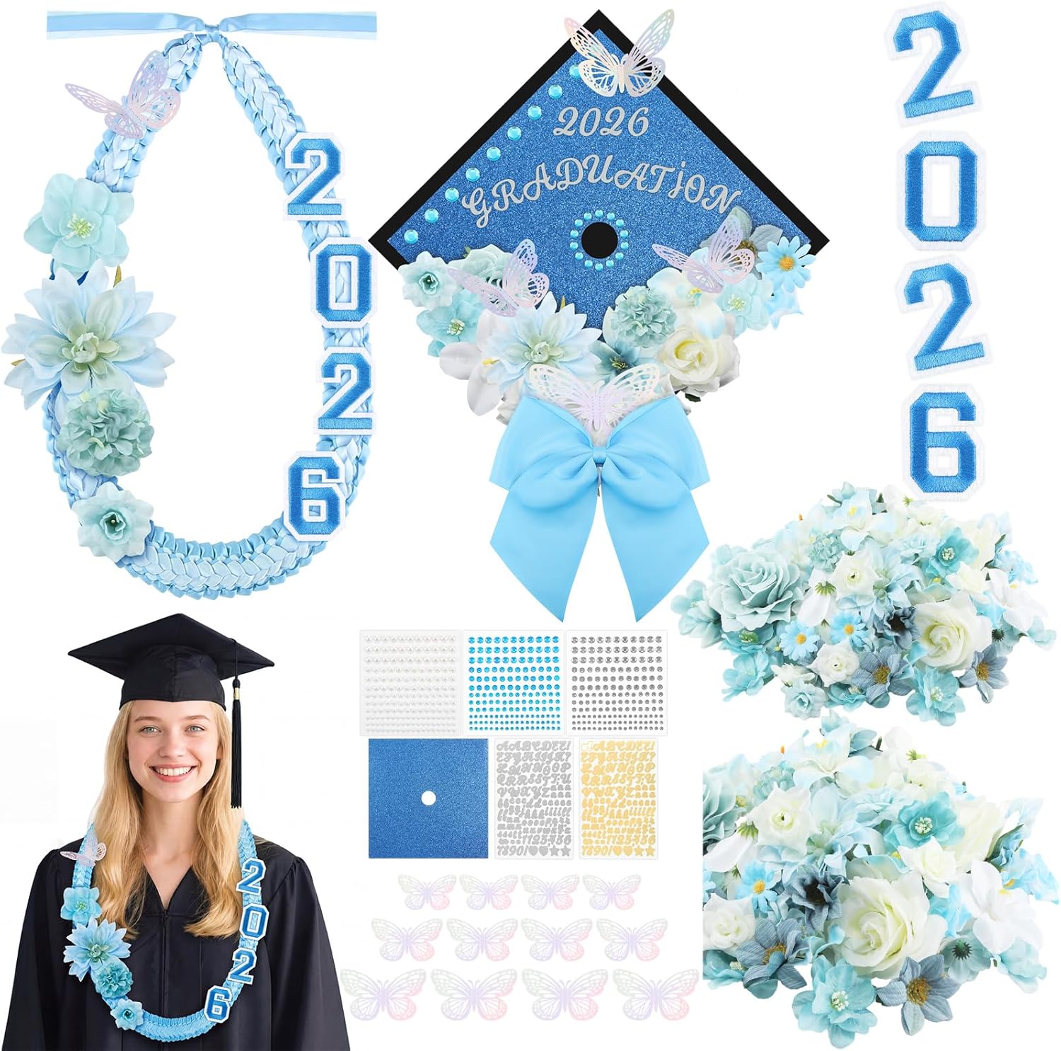 Dunzoom 100 Pcs DIY Blue Graduation Leis and Cap Decorations Kit 55''Double Braided Graduation Ribbon Lei Artificial Flower 3D Butterfly Glitter Paper Grad Cap Topper Accessory for 2026 Grad