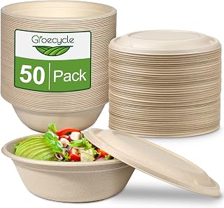 Groecycle 32oz Paper Bowls With Lids: 50 Pack Disposable Salad Bowls, Heavy Duty Paper Bowls Made Of Bagasse, Lareg Compostable Paper Bowls For Lunch and Meal Prep