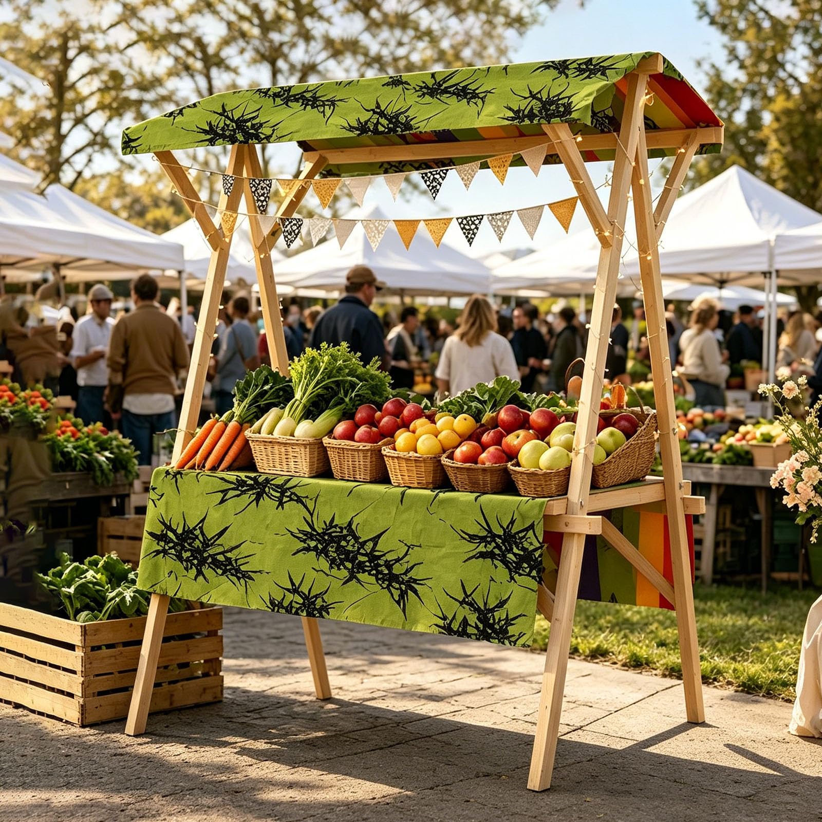 Bancarella Mercato in Legno con Tettoia Esterno e Ruote, Carretto Venditore Ambulante Portatile per Stand di Cibo, Carrello del Venditore per Caffè, Gelati, Fiori e Mercatini green M