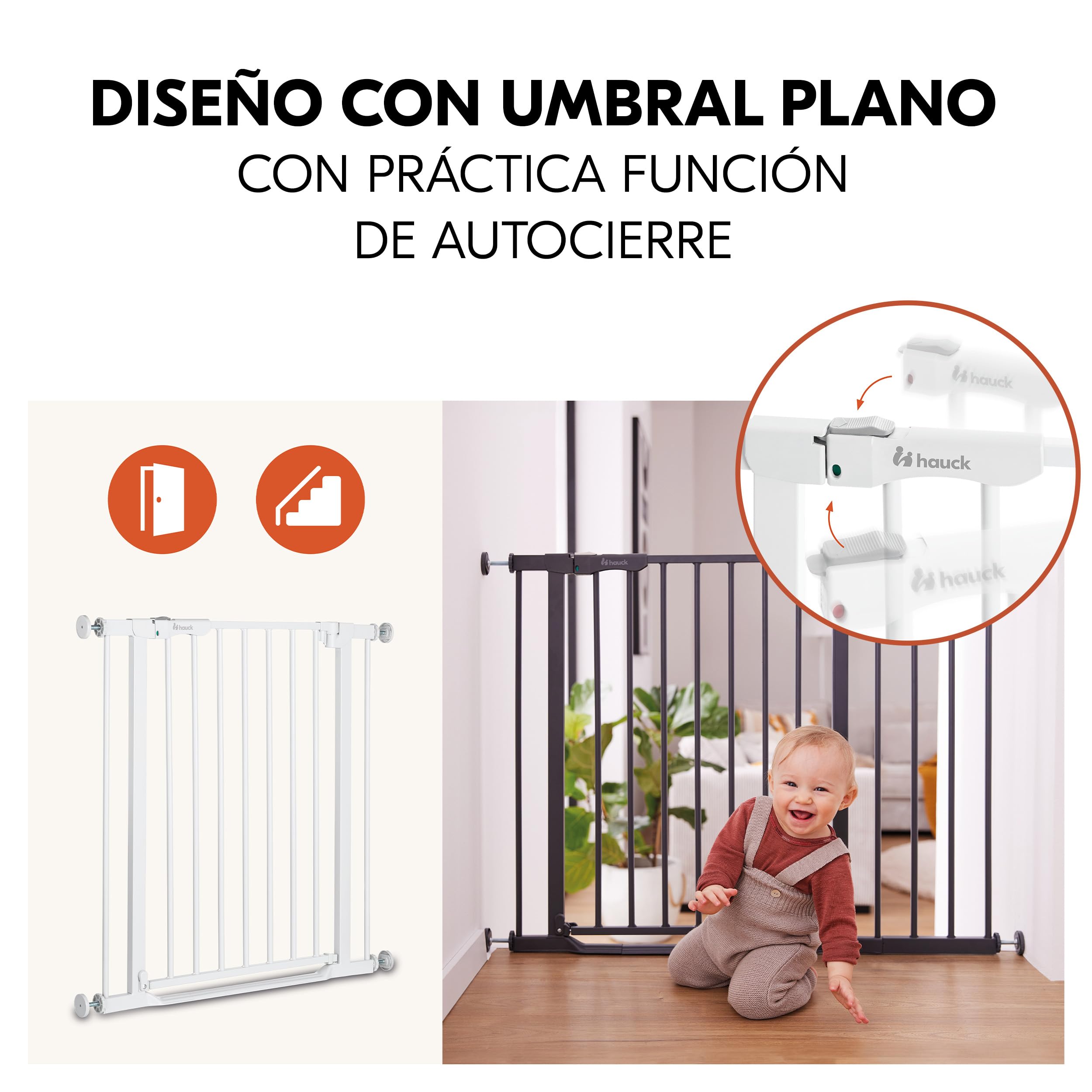 hauck Clear Step Autoclose 2 Barrera Seguridad Niños Escalera | Valla Infantil Ajustable de 75 a 80 cm | 3 Topes de Puerta | Vallas para Perros Umbral Plano y Cierre Automático – Blanco