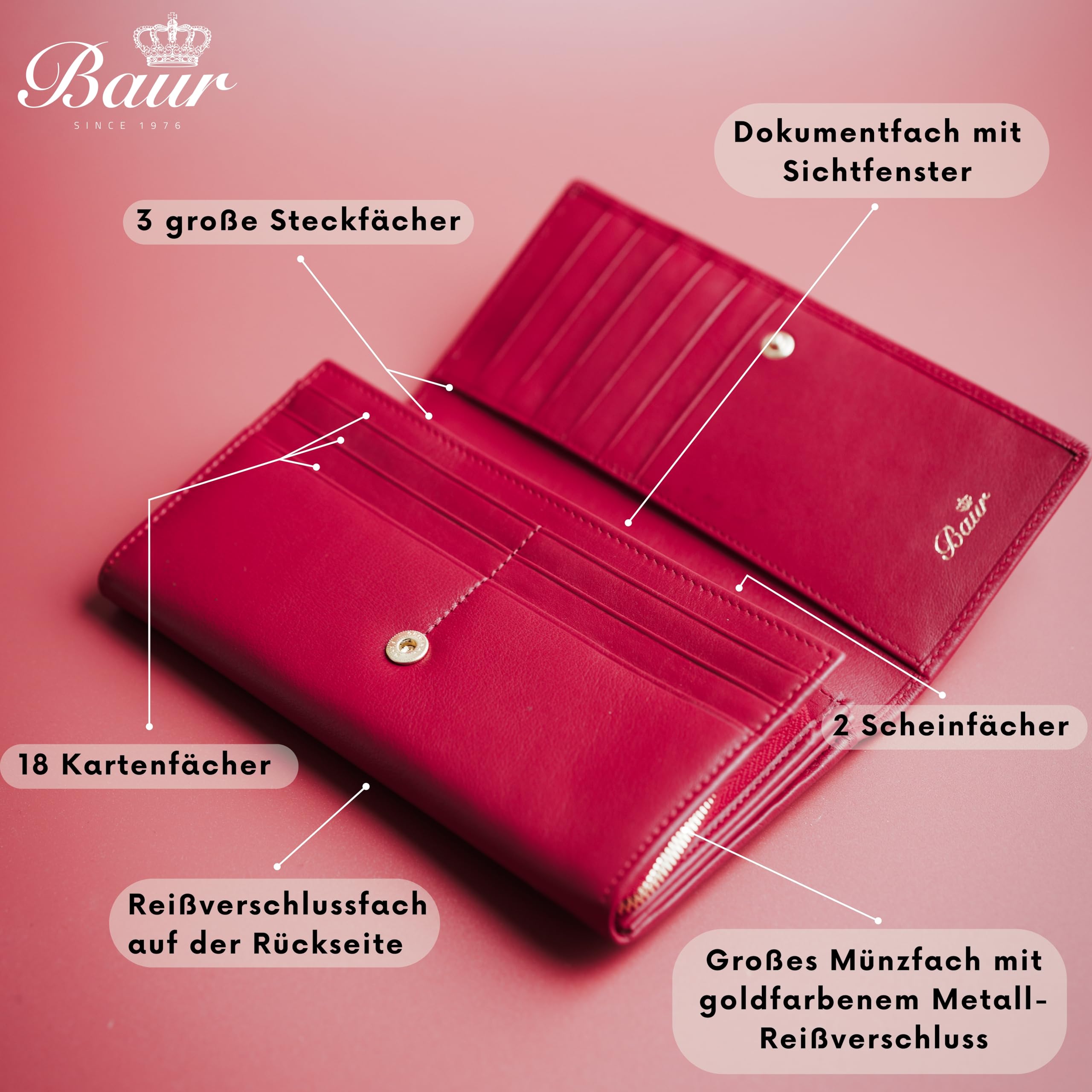 Baur Damen Geldbörse – Echtes Nappaleder mit RFID-Schutz – Großes Portemonnaie mit Druckknopf, 18 Kartenfächern und Münzfach mit Metall-Reißverschluss – Vollleder (Rot, Gold Design)