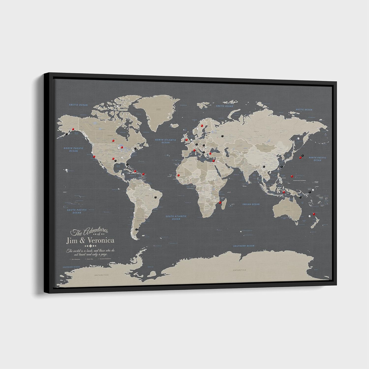 Earth Tone World Map with Pins – Personalized Canvas Push Pin Map – Framed World Travel Wall Decor – Black Float Frame – 24" x 36"