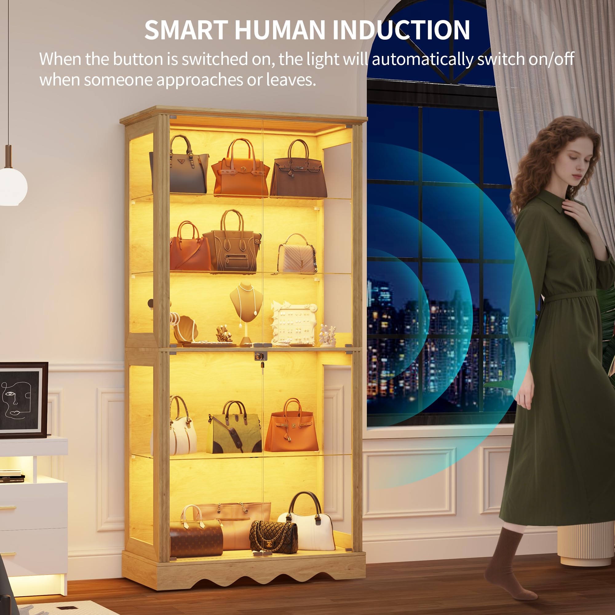 Vitrina de cristal de 5 capas de 180 cm, con iluminación LED y puertas de cristal, color madera | Vitrina con sensor inteligente para coleccionables