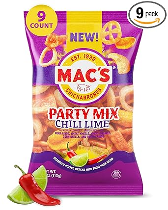 Mac's Chili Lime Pork Skins Party Mix - Chili Lime Flavored Chicharrones Pork Rinds - 4oz (9-Pack Party Mix)