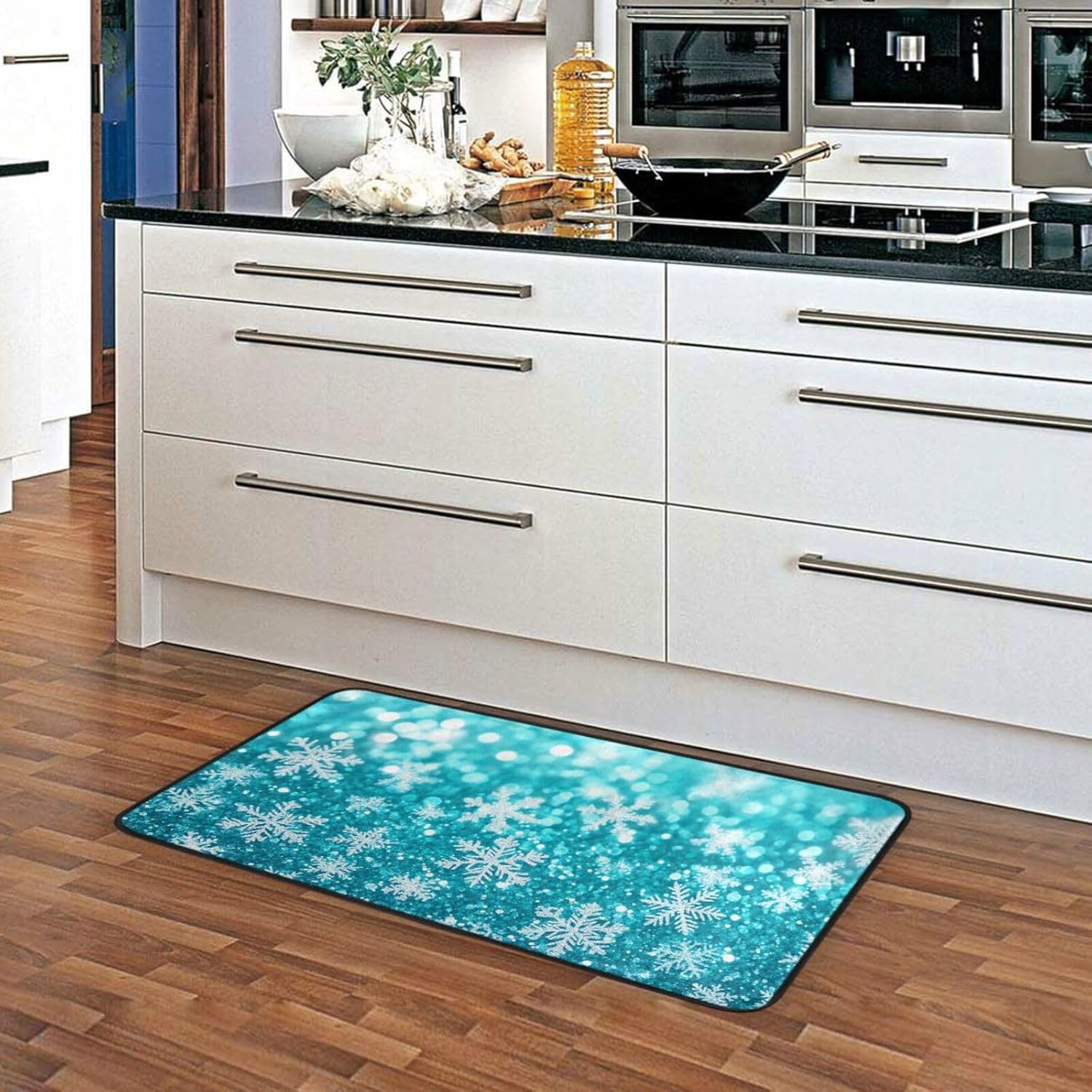 Gredecor Christmas Winter Kitchen Rug Anti Fatigue Blue Cyan Glitter Snowflakes Decorative Kitchen Mats Non Skid Washable Floor Rugs Runner Home Decor 39"x20"