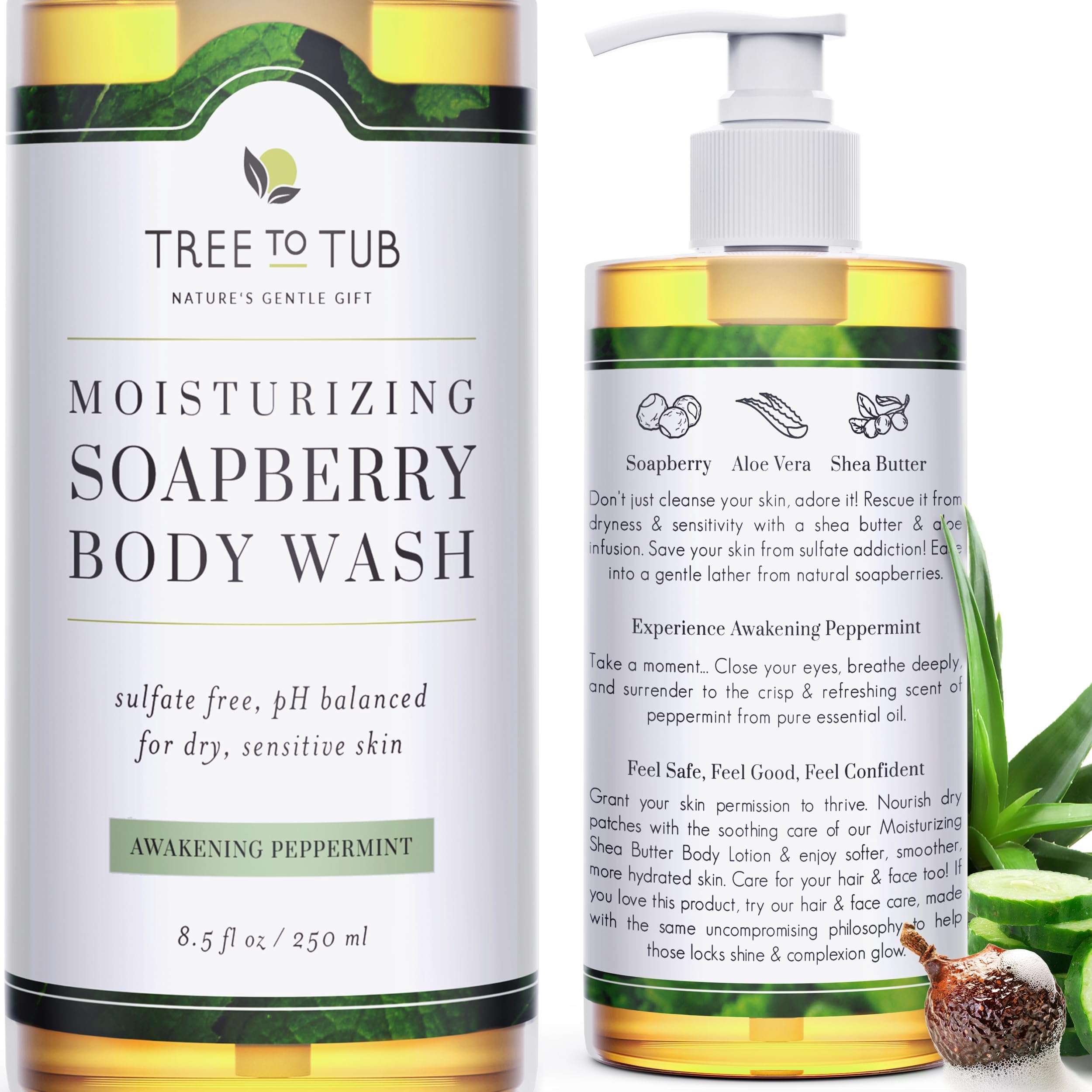 Tree To Tub Peppermint Body Wash for Sensitive Skin & Dry Skin - pH Balanced Moisturizing Body Wash, Hydrating Sulfate Free Vegan Body Soap for Women & Men w/Organic Shea Butter, Natural Aloe Vera
