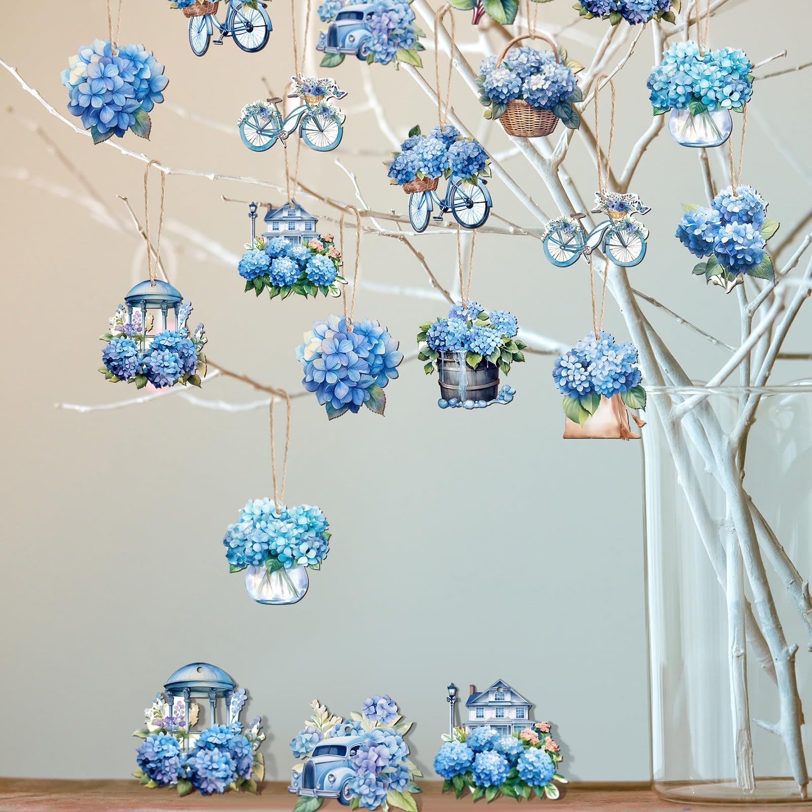 36 Pcs Summer Ornaments Blue Hydrangea Hanging Ornaments for Tree Wooden Watercolor Vintage Hydrangea Flowers Bicycle Garden Summer Decor with Rope for Seasonal Flower Party Decor