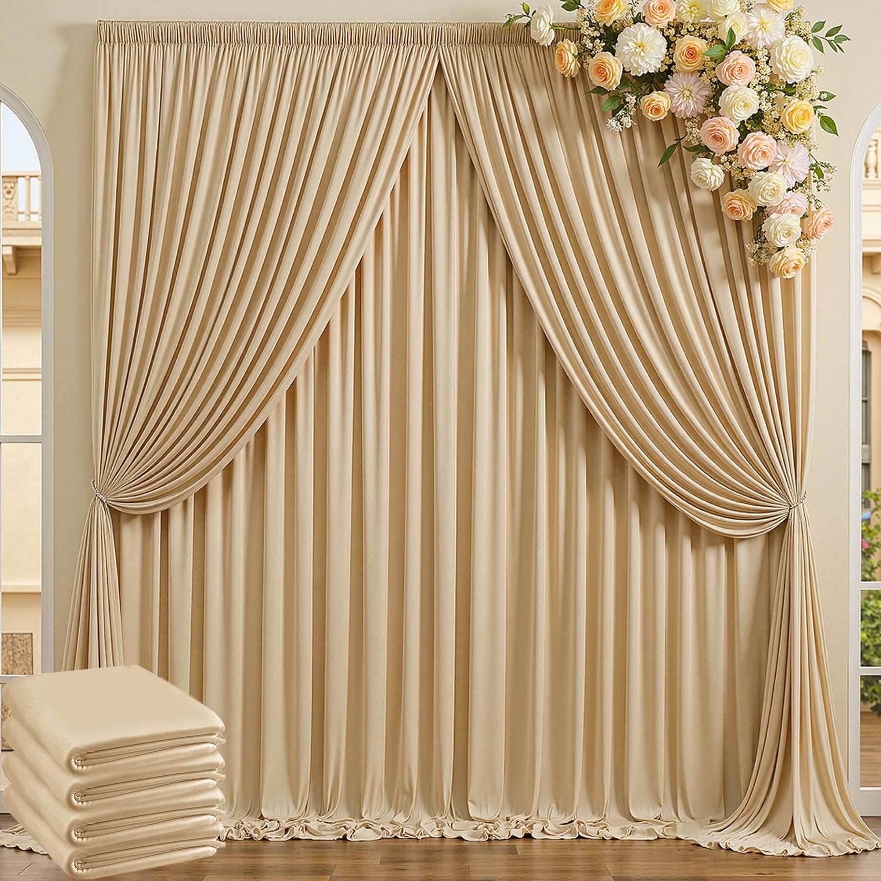20ft x 10ft Wrinkle Free Beige Backdrop Curtains for Parties Weddings, 4 Panels 5×10ft Soft Silk Polyester Photo Backdrop Drapes for Birthday Baby