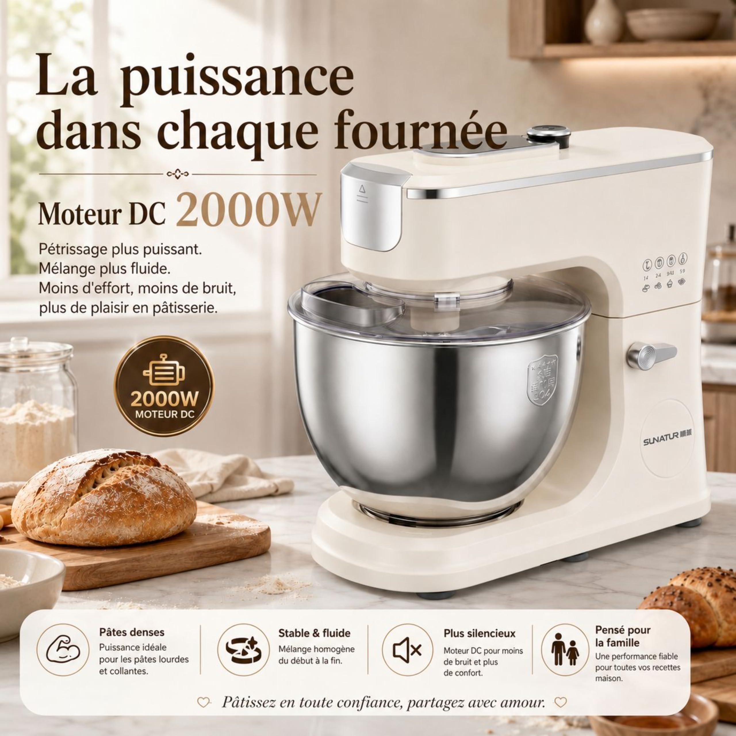 Robot pâtissier 2000W,8L,grande capacité,minuterie,commande intelligente à11vitesses, écran numérique,mode fermentation,5fonctions préréglées,4accessoires,ventouses,démarrage en un clic Pétrin