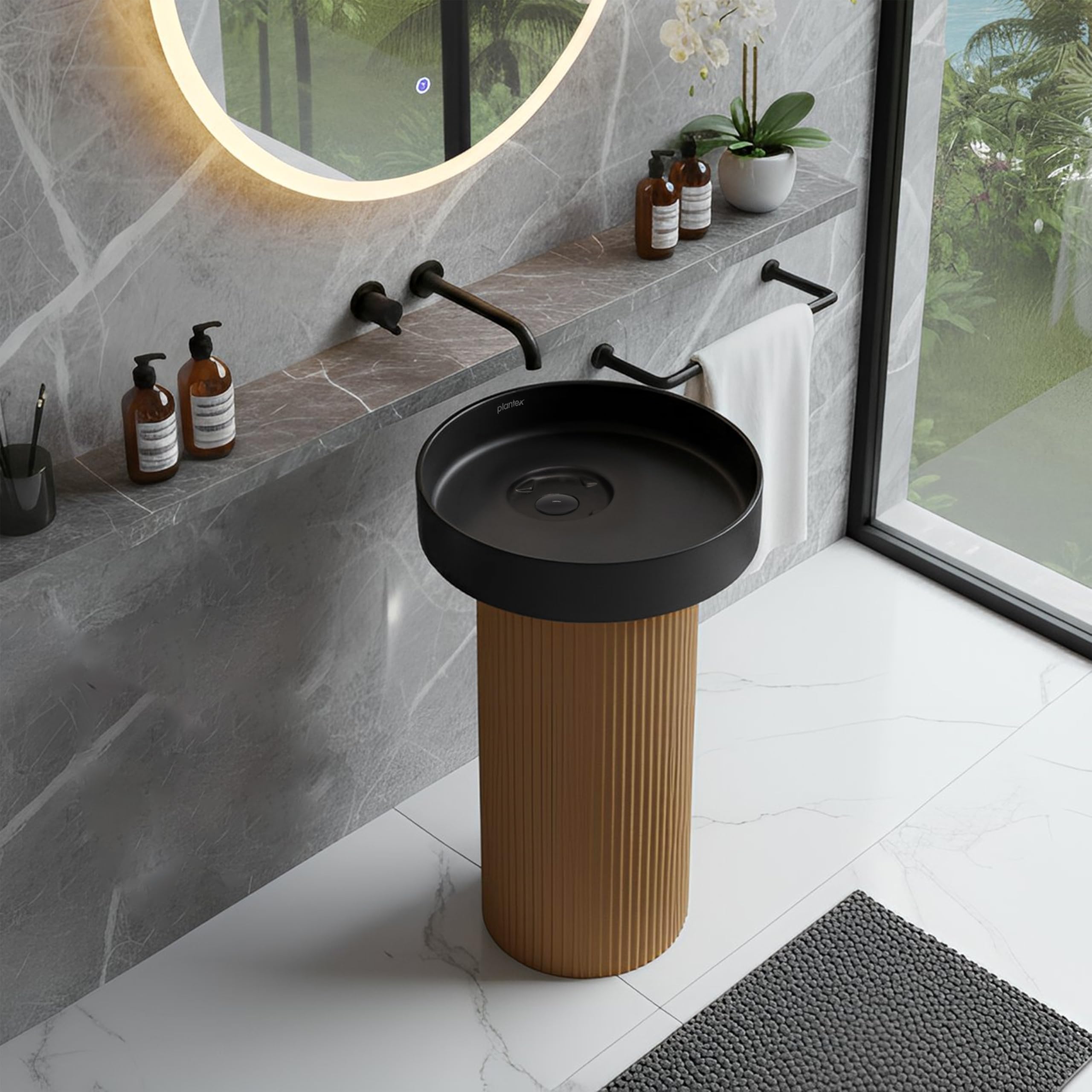 Plantex Acrylic Resin & Quartz Pedestal Basin for Bathroom/One Piece Pedestal Free Standing Round Wash Basin for living Room/Hotel (Black & Gold)