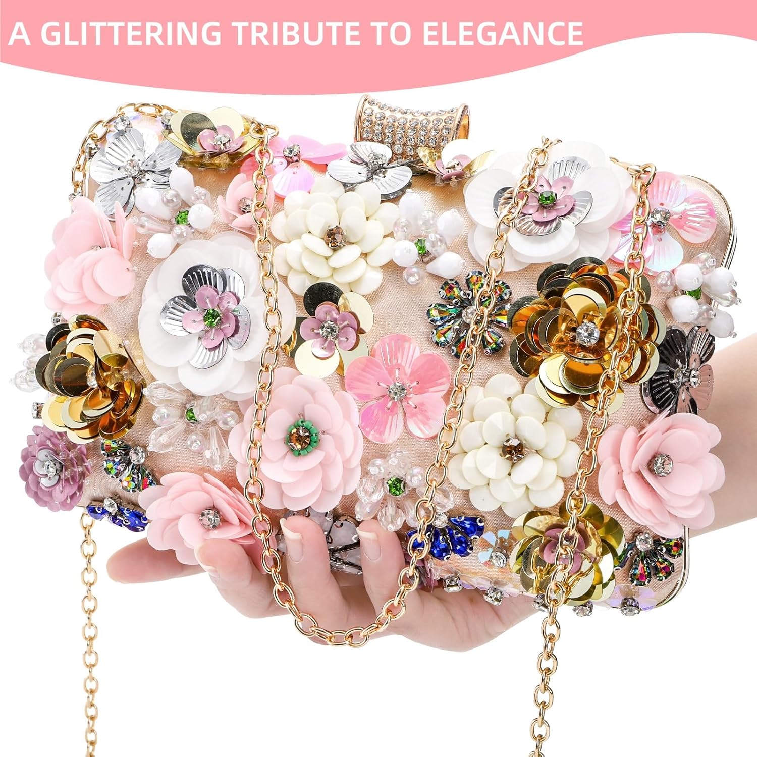 Flower Clutch Evening Bag, Fancy Floral Evening Bag Purse for Woman, Colorful Embroidery Beaded Clutch with 2 Chain Straps, Bride Wedding Handbag Crossbody Shoulder Bag - Image 7