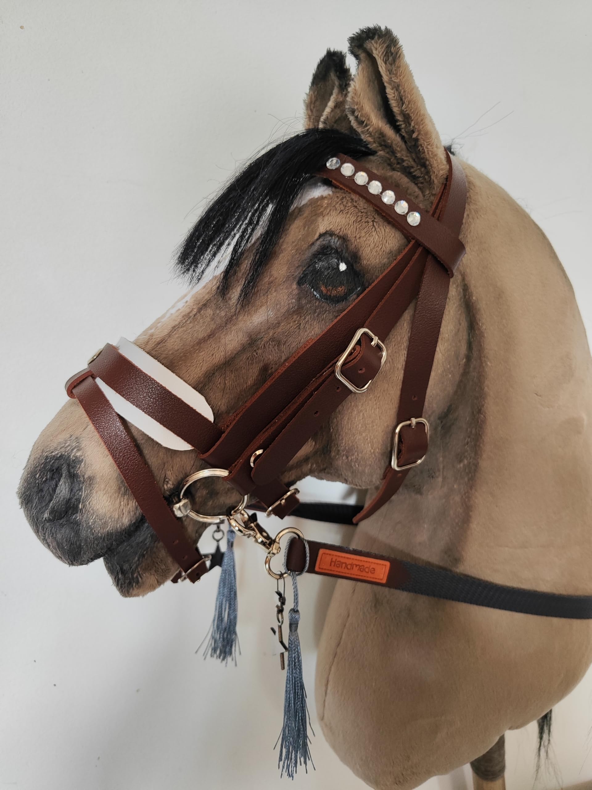Generisch Hobby Horse Zubehör, ohne Pferd, nur Trense Schwarz, Weiß Unterlegt mit Sperriemen inkl. Zügel, Hobbyhorsing, Zubehör für Steckenpferd, Spielpferd