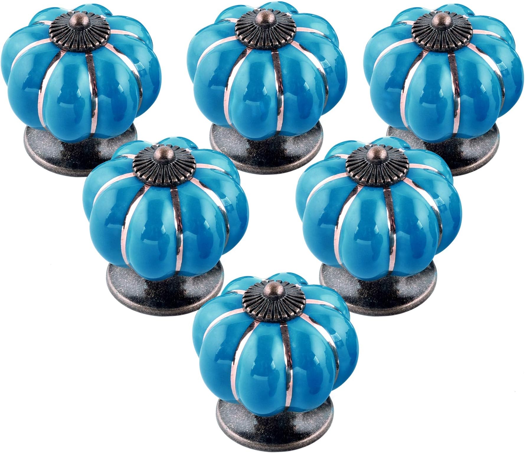 Keador Pumpkin Door Knobs, 6 Pack Drawer Pumpkin Shaped Pull Handles, Ceramic Glazed Cabinet Knobs for Kitchen, Cabinets, Cupboard, Bathroom, Dresser Drawers, Wardrobe Closet (Dark Blue)