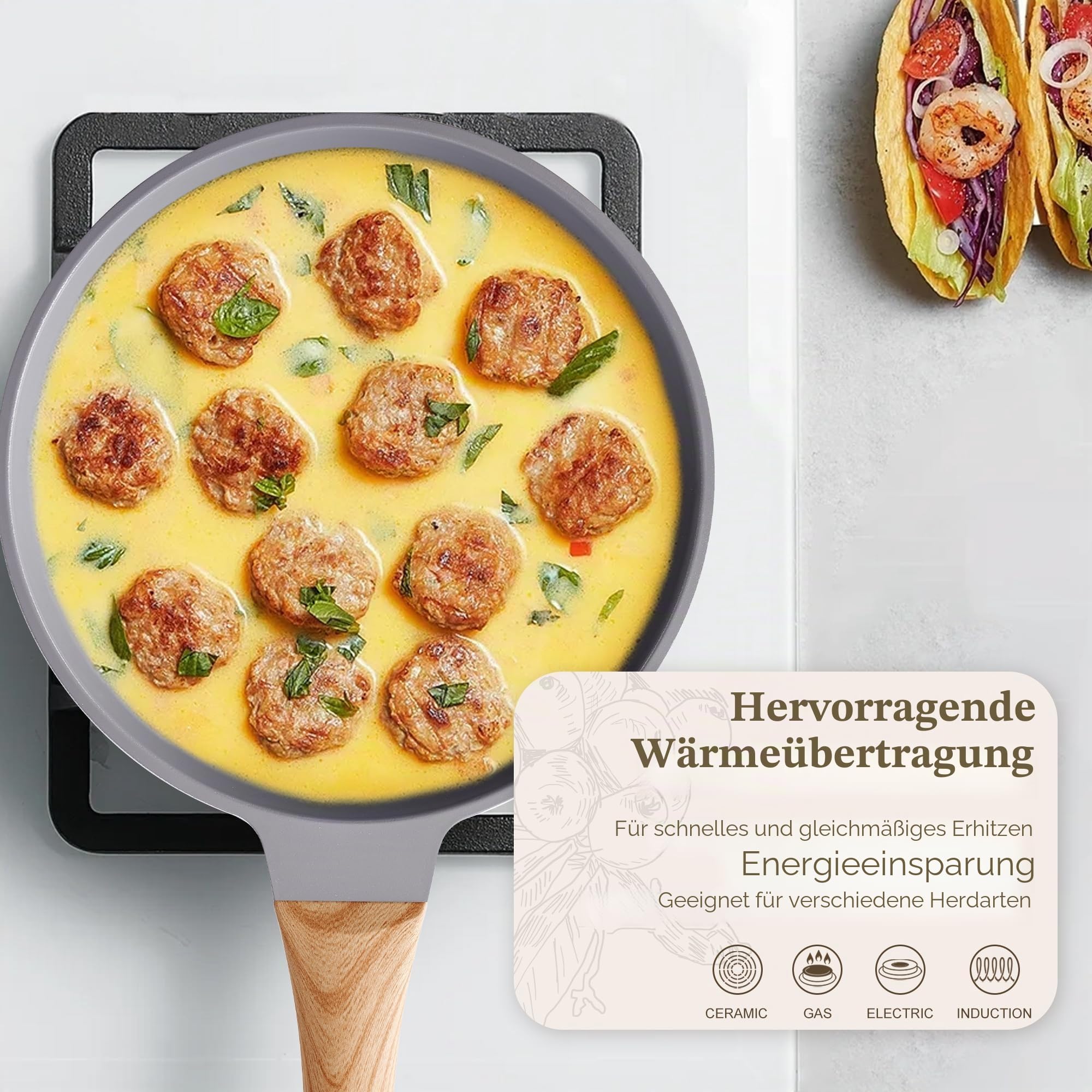 RIOVARM Keramik Antihaft beschichtung Bratpfannen-Set Induktion Pfannenset 20cm 24cm 28cm mit Holzmaserung Bakelit Griffe Gesundes Kochgeschirr-Set ohne PFOS, PFOA, PTFE Eierpfannen Omelett-Pfannen