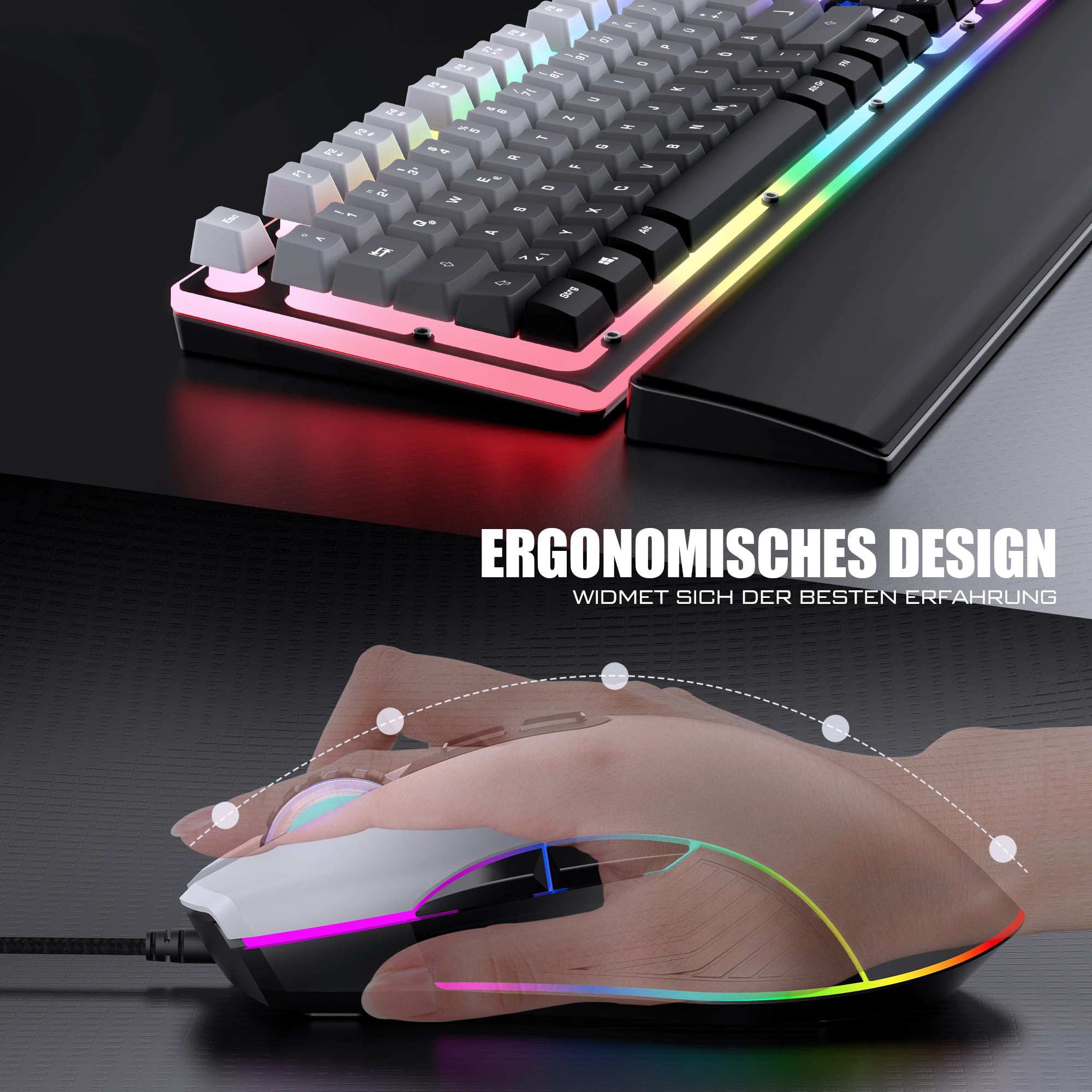 RedThunder K10 - Set tastiera e mouse da gioco (grigio gradiente)