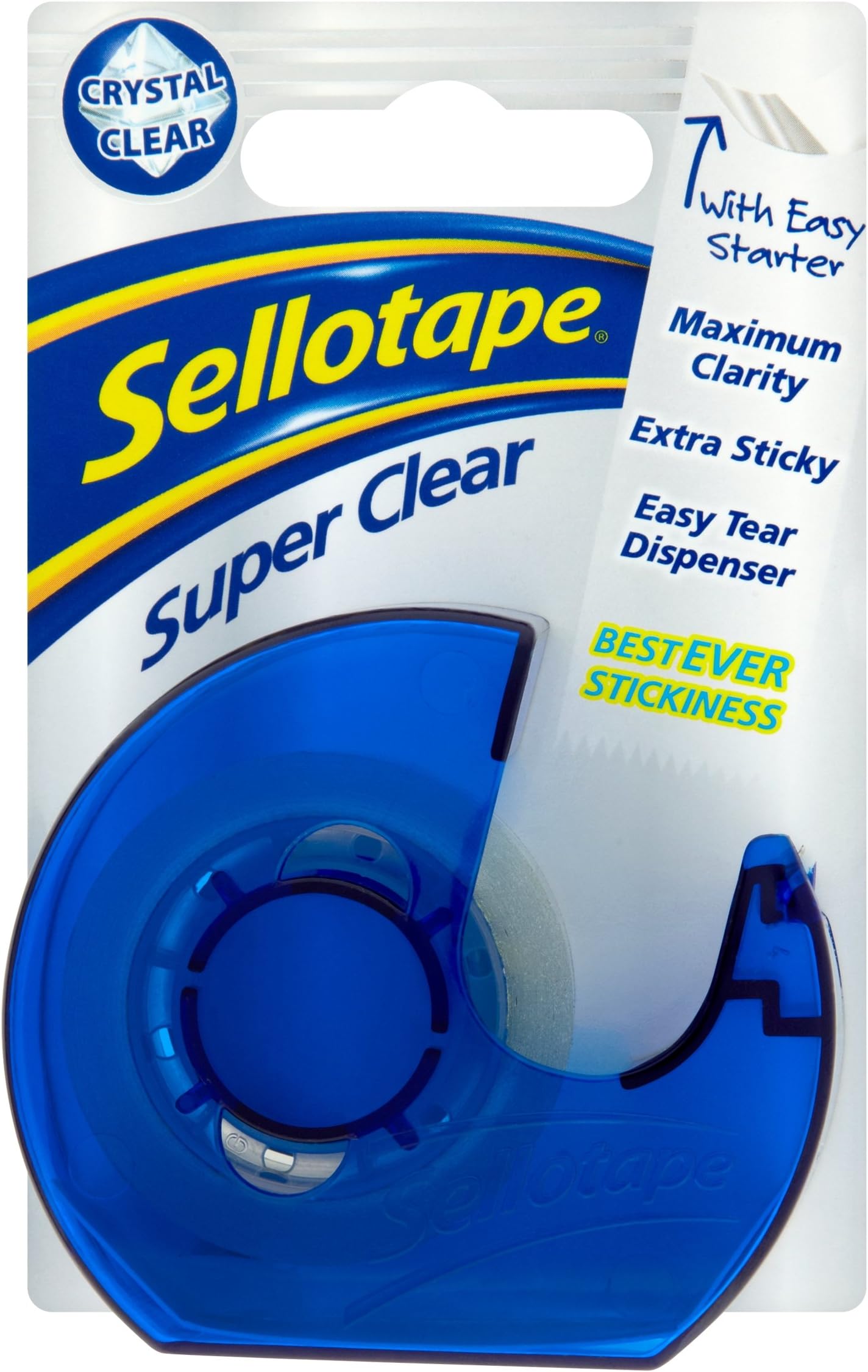 SellotapeSuper Clear Tape with Easy Tear Dispenser, Extra Sticky & Maximum Clarity, 18mm x 15m