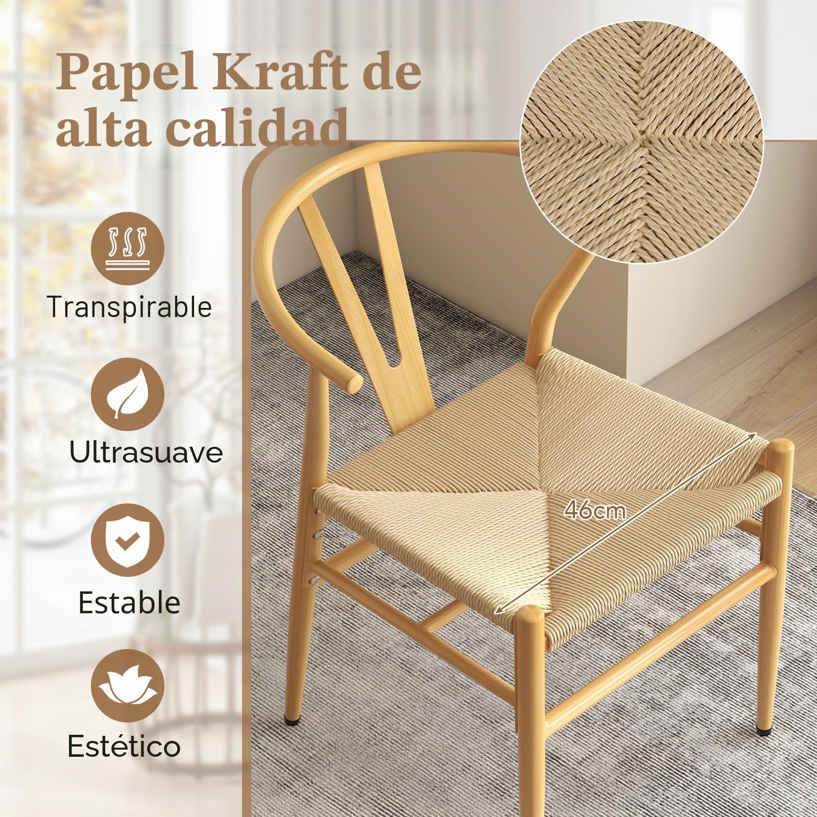GIANTEX Juego de 2 Sillas de Comedorcon Diseño Apilable, 54 x 59 x 73 cm, Sillas Modernas con Respaldo Curvado y Asiento de Ratán, Carga hasta 150 kg, para Cocina, Salón (Natural)