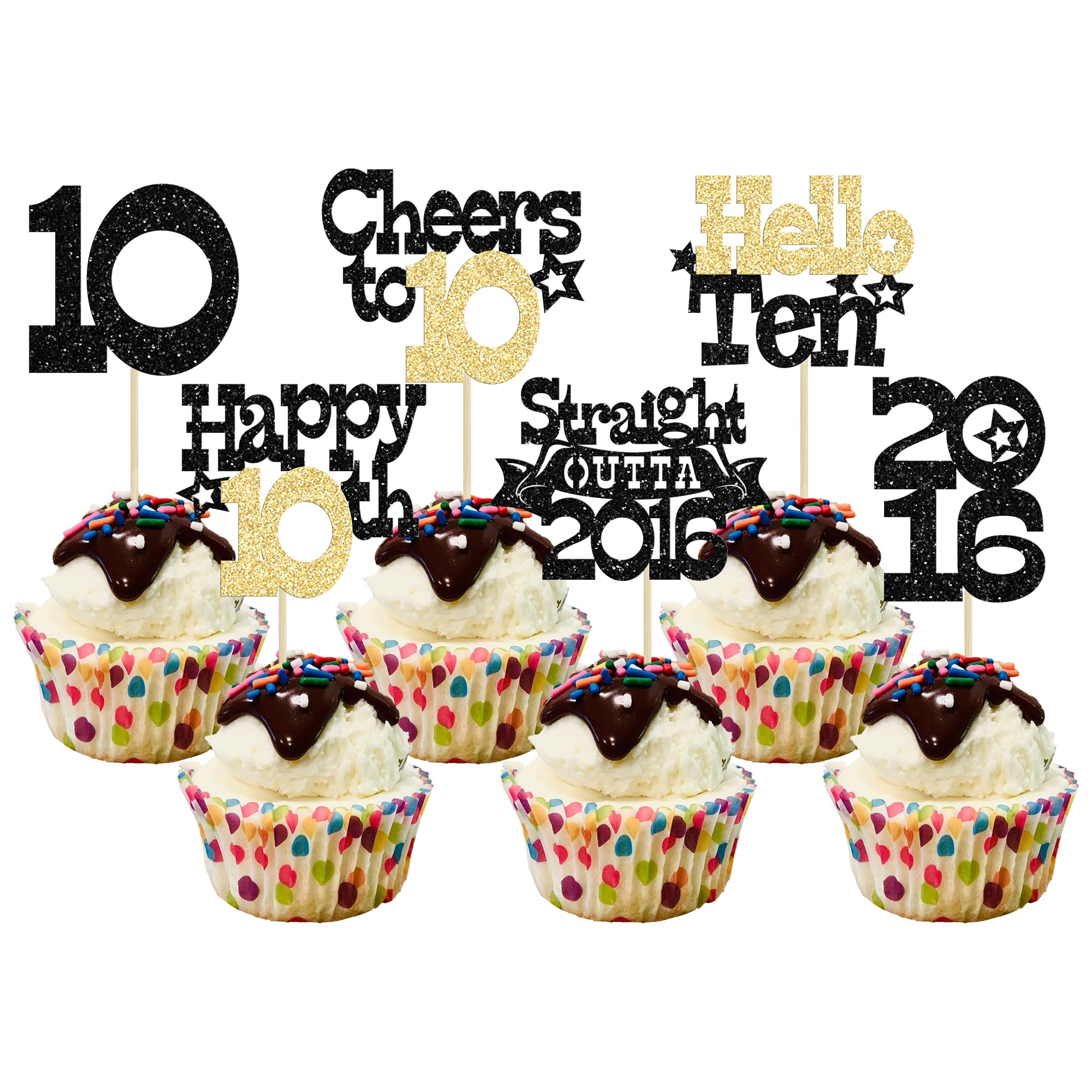 Ephlyn 30Pcs Straight Outta 2016 Cupcake Toppers Glitter Ten Happy 10th Birthday Cupcake Picks Cheers to 10 Years Cake Decorations for 10th Birthday Party Supplies Black Gold