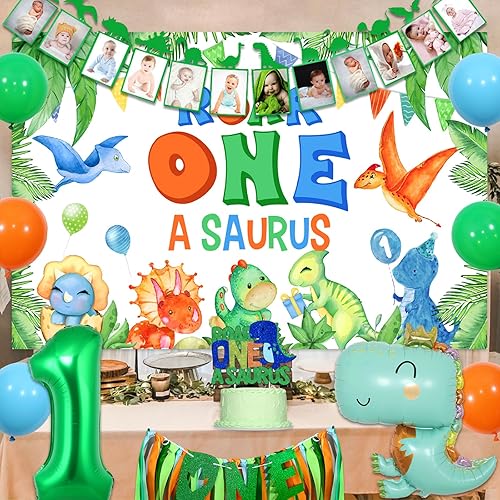 Miniatura 5 de Decoraciones de dinosaurio para el primer cumpleaños de niño  Telón de fondo de rugido, pancarta mensual de dinosaurio para fotos, decoración de