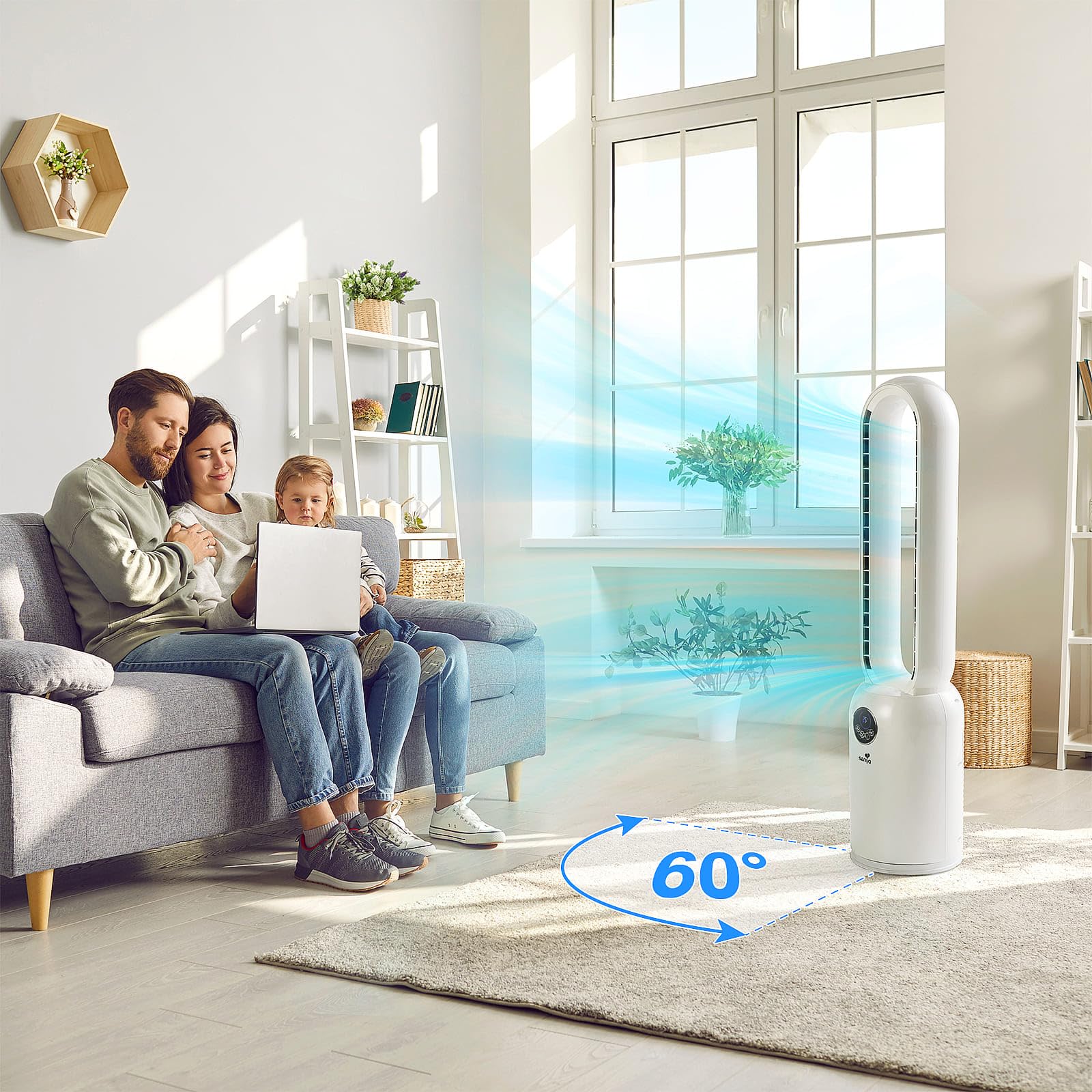 SENYA Fresh Air Ventilateur colonne silencieux 2 en 1 avec purificateur d’air HEPA - Ventilateur sur pied sans pales - Oscillation grand angle – Télécommande incluse et 24 vitesses réglables
