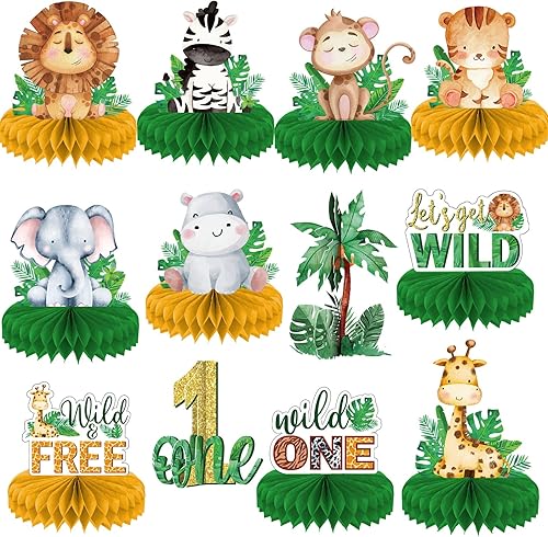 12 piezas Wild One Birthday Party - Centros de mesa con diseño de panal de abeja, temática de selva, primer cumpleaños, centros de mesa temáticos de