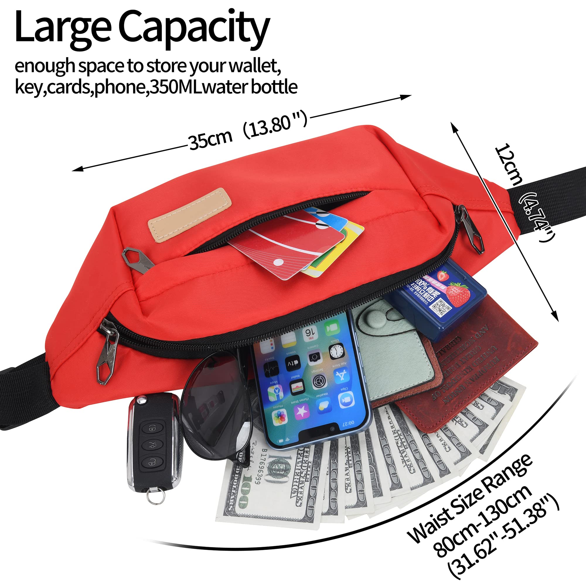 Lightweight Bumbags Waist Fanny Pack Water Resistant Bumbag with Multiple Pockets Suitable for Women Men Travel Daily Use Outdoor Sports (Red) - Image 3