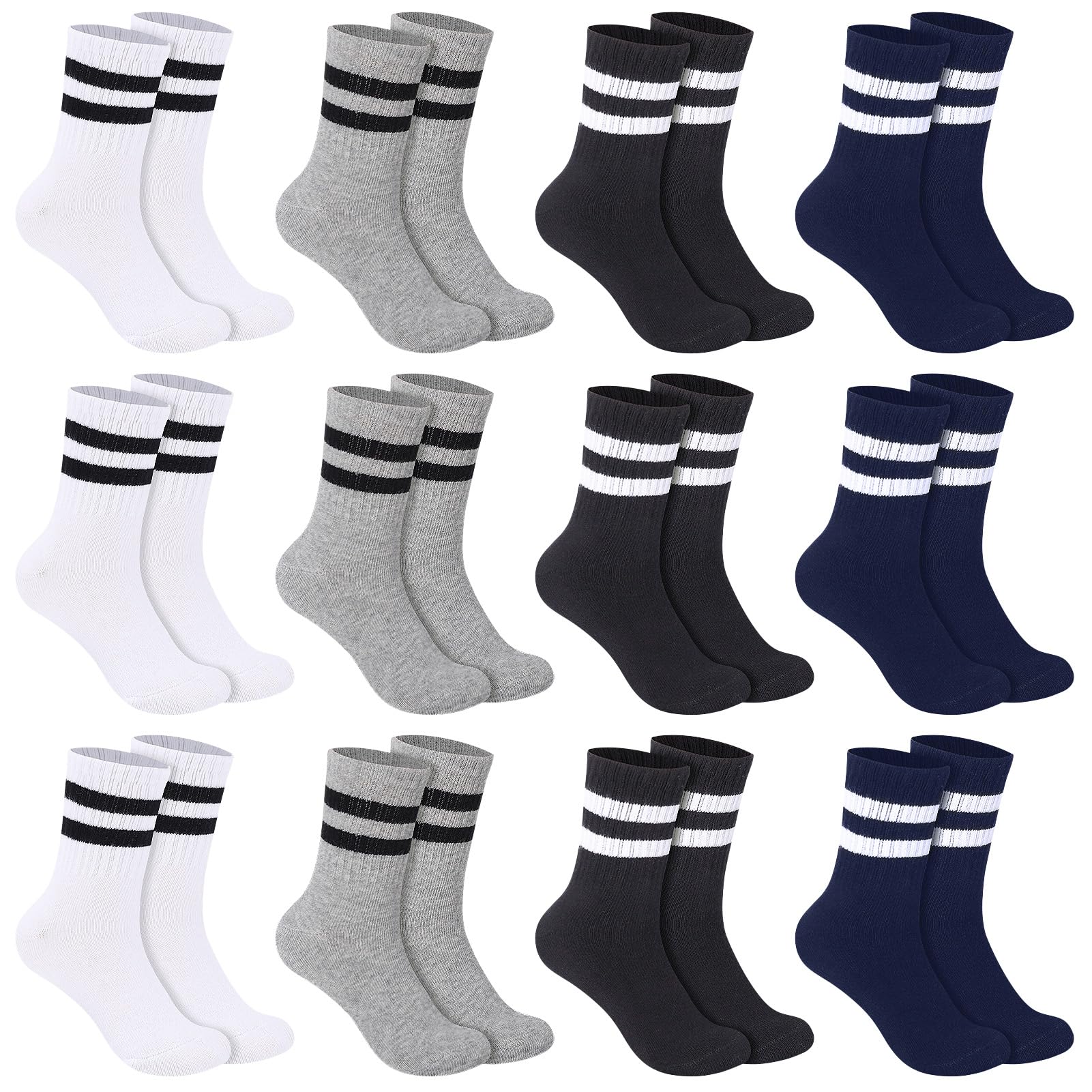 Zuimei 12 paia di calzini per bambini, in cotone, per la scuola, sport, colore nero, bianco, grigio, blu, a righe, calzini sportivi, calzini sportivi casual elasticizzati per ragazze e ragazzi