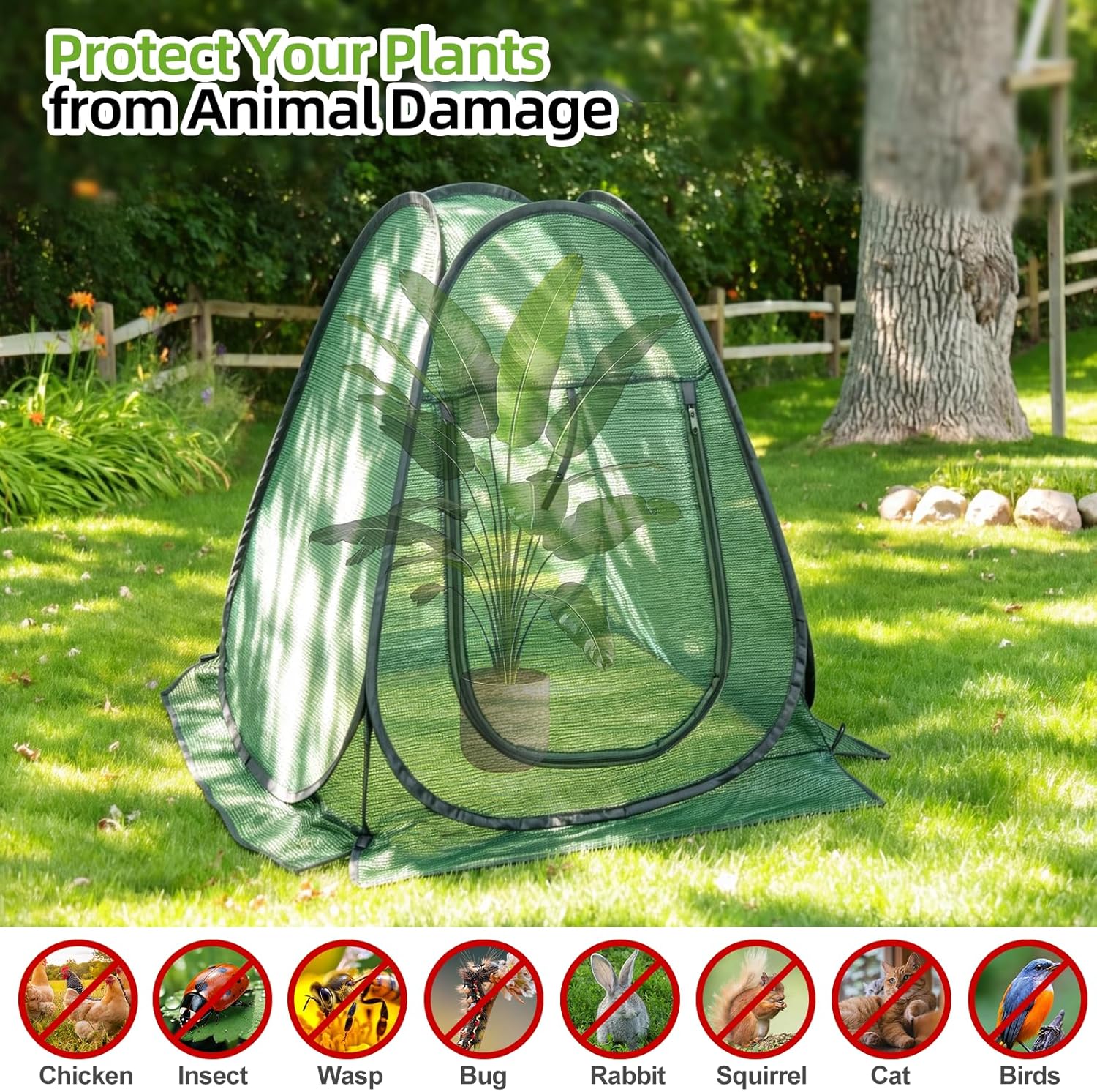 SPECILITE 28x28x32 in Pop Up Plant Shade Cover Tent, Plant Protectors from Animals, Garden Netting Cover with Zip Entry for Protect Flower Tomato Vegetable from Deer Cat Bird Squirrel, Green-2 PCS