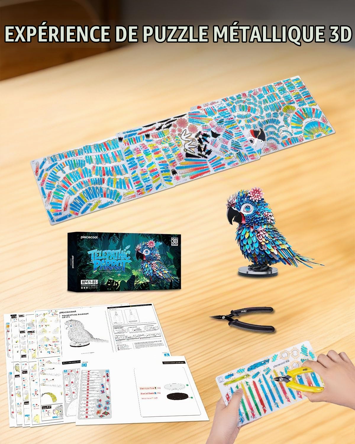 Piececool Casse-tête 3D en métal pour adultes - Kit de construction de maquette de perroquet à monter soi-même - Puzzle casse-tête - Cadeau idéal et décoration de bureau