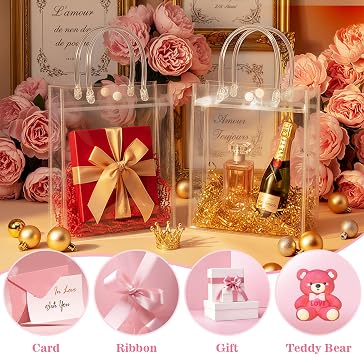 10Pcs Clear Gift Bags with Handles, 6.5 x 8.9 x 2.6In Reusable Transparent Goodie Bags, Plastic Gift Candy Bag, Party Favor Bags for Wedding, Birthday, Baby Shower, Christmas