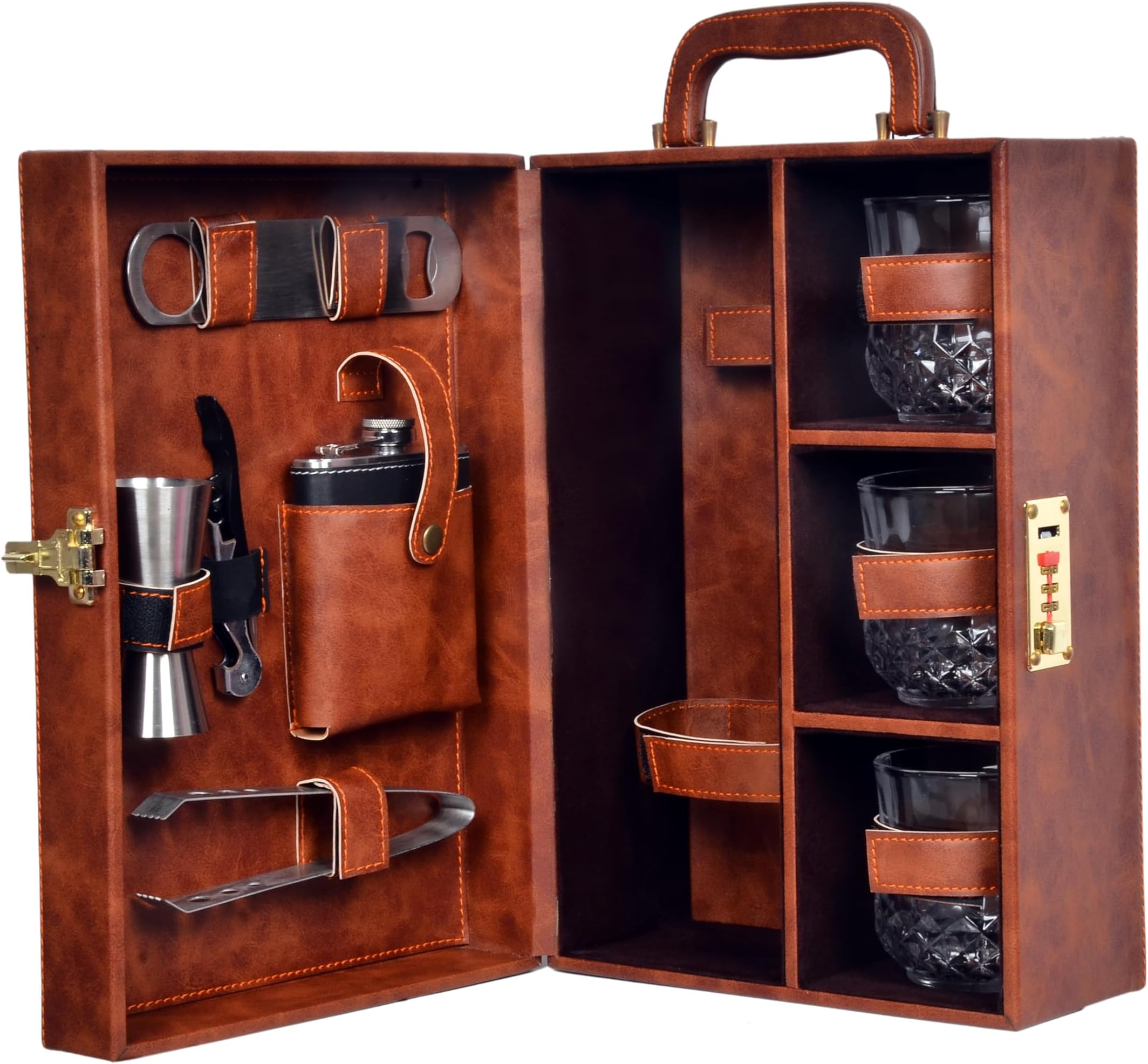 3 Glasses Brown Check Leatherette Portable Bar Set | Premium Mega BarSet with Stylish Bottle Opener| Portable Leatherette BarSet | iCorporate Gift for boss