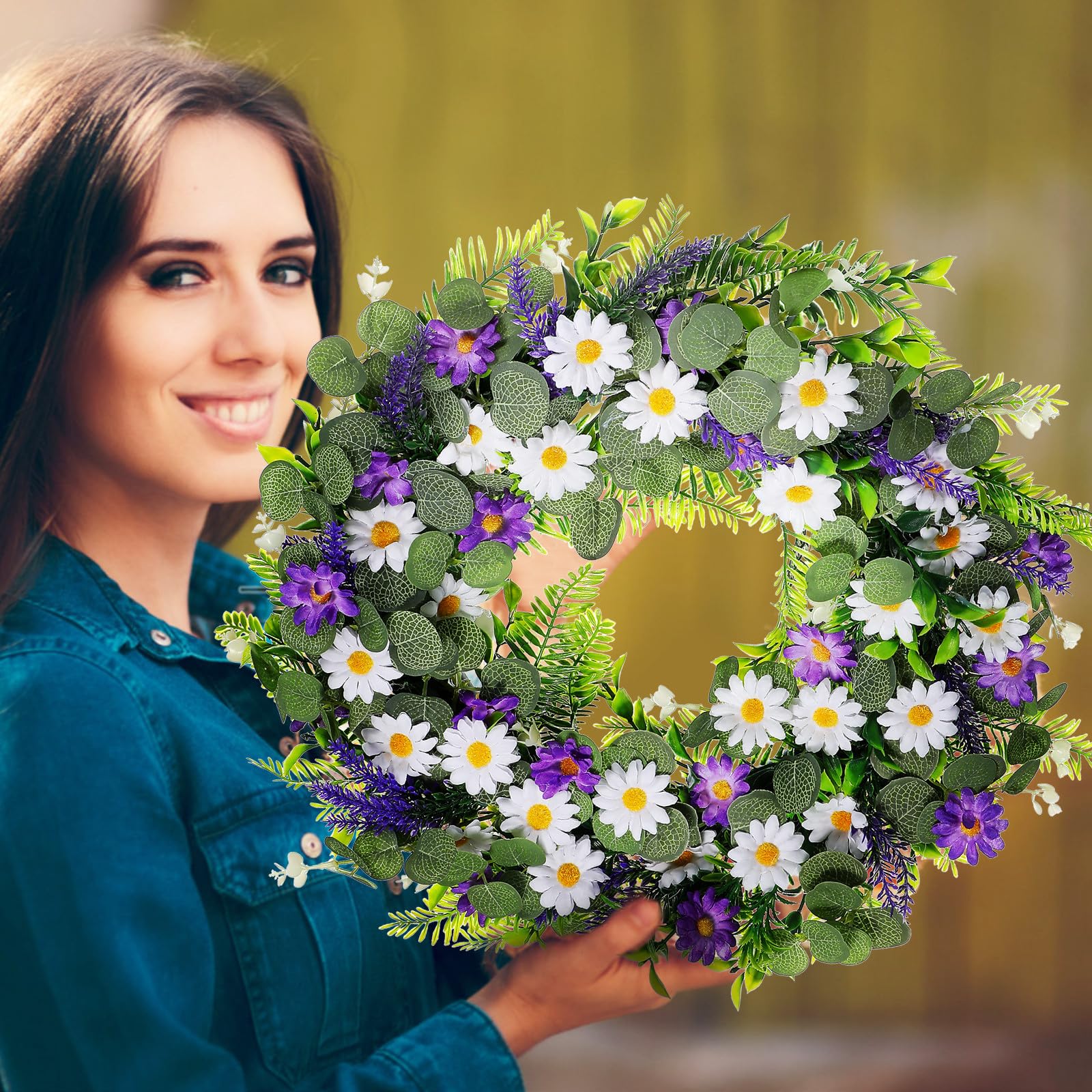 Künstlicher Lavendel Türkranz mit LED für Frühling und Sommer | Kunststoff mit Realistischer Haptik, für Partys und Hochzeiten, Zarte Form mit Natürlichem Charme